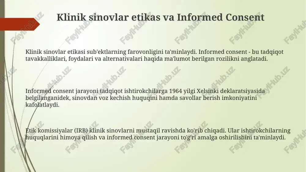 rcha potentsial xavflarini, shu jumladan 3-bosqich klinik sinovlarda aniqlangan nojo‘ya ta’sirlarni to‘liq oshkor qilish lozim. nojo‘ya ta’sirlarni kuzatish (farmakovigilans) samarali tizimlarni talab qiladi, bunda dori vositalari bozorda paydo bo‘lganidan keyin ham, jumladan, 4-bosqich sinovlarida kutilmagan reaktsiyalarni aniqlash uchun uzluksiz monitoring olib boriladi. global sog'liqni saqlash adolati va regulyator nazorati global sog'liqni saqlash adolati dori-darmonlarga teng kirishni talab qiladi, ammo yuqori narxlar ko'pincha kam ta'minlangan mamlakatlarda davolanish imkoniyatini cheklab, 30% gacha farqni keltirib chiqaradi. regulyator nazorati dori-darmon xavfsizligi va samaradorligini ta'minlash uchun zarur, lekin haddan tashqari qattiq qoidalar yangi dorilarning bozorga chiqishini kechiktirishi mumkin, bu esa 10-15% foydaga olib keladi. global sog'liqni saqlash tashkilotlari kam daromadli mamlakatlarga dori-darmonlarni arzonlashtirish uchun hukumatlar bilan hamkorlik qiladi, lekin bu kelishuvlar patentlangan dori narxlarining 50% gacha pasayishiga olib kelishi mumkin. e'tiboringiz uchun rahmat