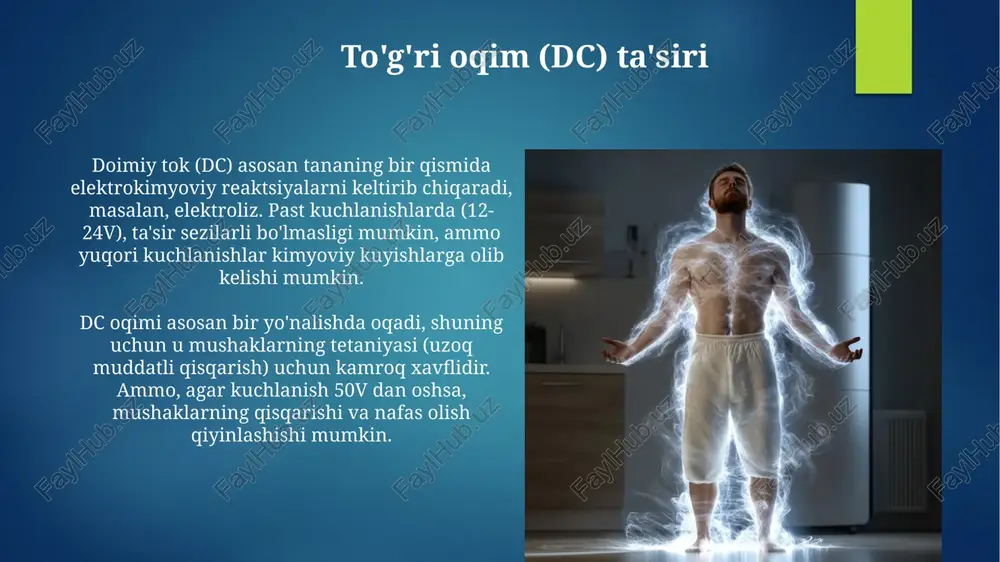 sababli, dc ga qaraganda yuqori bo'lishi mumkin; yuqori kuchlanish esa to'qimalarning tez kuyishiga olib keladi. xavfsizlik choralari elektr toki bilan ishlashda dielektrik qo'lqoplar va oyoq kiyimlardan foydalanish muhim, ular 1000 voltgacha bo'lgan kuchlanishlarda xavfsizlikni ta'minlaydi va yerga ulanishni to'xtatib, zarba olish xavfini kamaytiradi. elektr qurilmalarining holatini muntazam ravishda tekshirib turish, ayniqsa simlarning izolyatsiyasini nazorat qilish kerak. shikastlangan simlar 5 milliampergacha bo'lgan oqimlar bilan ham xavfli bo'lishi mumkin. tibbiy asbob-uskunalarda dc/ac defibrillyatorlar bir fazali o'zgaruvchan tok impulslaridan foydalanib, yurakning fibrillatsiyasini tugatadi, yurak ritmini normallashtirish uchun 150-360 j energiya beradi. elektr stimulyatorlari past kuchlanishli doimiy tok impulslaridan foydalanib, mushaklarni tiklashga yoki og'riqni kamaytirishga yordam beradi, asosan 0,5-10 ma diapazonida ishlaydi. elektromagnit maydonlarning ta'siri elektromagnit maydonlar (emm)ning uzoq muddatli ta'siri, ayniqsa, 300 ggs dan past chastotalarda, ba'zi tadqiqotlarda saraton xavfining biroz oshishi bilan bog'liq bo'lishi mumkin. past chastotali emm, masalan, 50-60 ggs, nerv hujayralarining qo'zg'aluvchanligini o'zgartirishi mumkin, bu esa uyqu buzilishi va boshqa …