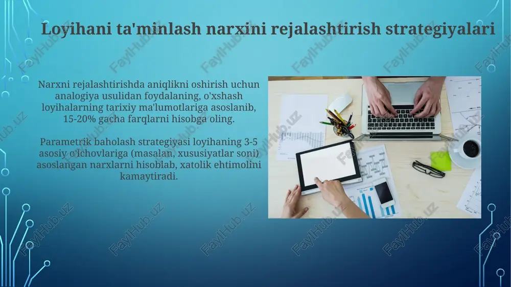 jatlarni baholashda monte karlo simulyatsiyasi kabi vositalar xatarlarni hisobga olgan holda xarajatlar diapazonini aniqlashga yordam beradi, bu esa aniqroq byudjet tuzishga imkon beradi. amaliy misollar va amaliyotlar qiymatni boshqarishning amaliy usuli - bu olingan qiymat tahlili (eva), bu loyiha samaradorligini byudjet va jadval bilan solishtirish uchun 3 ta asosiy ko'rsatkichdan foydalanadi. o'zgarishlarni boshqarishda og'ishlar va ta'sirlarni aniqlash uchun o'zgarishlarni so'rash jarayonini (cr) amalga oshiring. har bir cr qiymati 100 aqsh dollaridan oshsa, hujjatlash va tasdiqlashni talab qiling. narxlarni rejalashtirishda kelajak tendentsiyalari sun'iy intellekt (ai) va mashinali o'rganish narxlarni bashorat qilish uchun katta hajmdagi ma'lumotlarni tahlil qilish orqali aniqlikni oshiradi, potensial xarajatlar oshishini 20% gacha kamaytiradi. bulutli texnologiyalar va hamkorlik platformalari loyiha xarajatlari ma'lumotlariga real vaqtda kirishni ta'minlaydi, bu esa byudjetni boshqarishni 30% gacha yaxshilaydi va shaffoflikni oshiradi. narxlar smetasi narxlar smetasi loyihaning barcha xarajatlarini, masalan, mehnat, materiallar va uskunalar kabi, ishonchli baholashni ta'minlash uchun turli xil usullardan foydalanishni o'z ichiga …
