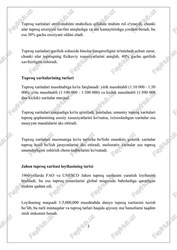 lari geologik xaritalar, topografik xaritalar va iqlim ma'lumotlari kabi mavjud ma'lumotlardan foydalanadi. bu ma'lumotlar tuproq shakllanish jarayonlarini tushunishga yordam beradi. tuproq profillarini o'rganish, tuproq namunalarini laboratoriya tahlili va dala tadqiqotlari tuproq xaritalari uchun asosiy empirik ma'lumotlarni taqdim etadi. gps koordinatalari aniqlikni oshiradi. aerofotosuratlar va sun'iy yo'ldosh tasvirlari tuproq qoplamasining keng ko'lamli ko'rinishini ta'minlaydi. spektral ma'lumotlar tuproq turlari va ularning xususiyatlarini aniqlashga yordam beradi. jahon tuproq xaritasining afzalliklari jahon tuproq xaritasi 1:5,000,000 masshtabda tuproq resurslarining global taqsimlanishini ko'rsatib, qishloq xo'jaligi va ekologik rejalashtirish uchun asos yaratadi. tuproq xaritalari tuproq degradatsiyasini baholash, hosildorlikni bashorat qilish va o'g'itlash strategiyalarini optimallashtirish orqali 10-20% gacha hosilni oshirish imkonini beradi. xaritadagi ma'lumotlar tuproq tarkibi, unumdorligi va suv o'tkazuvchanligi haqida ma'lumot beradi, bu esa 30 dan ortiq turdagi tuproqlarni aniq aniqlashga yordam beradi. jahon tuproq xaritasining cheklovlari tuproq xaritalari aniqligi, 1:5,000,000 kabi masshtabda, katta hududlarni qamrab oladi, lekin mahalliy o'zgarishlarni ko'rsatishda noaniqliklar mavjud, bu esa aniq baholashga …