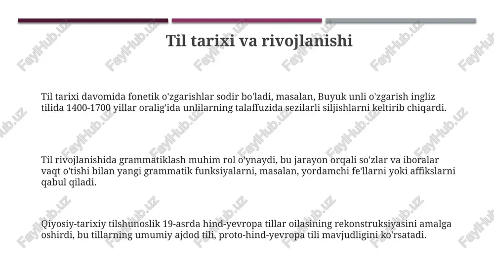 va globalizatsiya globalizatsiya ingliz tilining dunyo miqyosidagi ta'sirini oshirdi. taxminan 1.45 milliard kishi ingliz tilida gaplashadi, bu esa xalqaro biznes va texnologiyalarda muhim rol o'ynaydi. tarjima texnologiyalari (masalan, google translate) globalizatsiya tufayli rivojlandi. ammo, aniqlik muammosi saqlanib qolmoqda va bu sohada mutaxassislar kerak. globalizatsiya bir qator mahalliy tillarning yo'qolib ketishiga olib kelmoqda. chunki yosh avlodlar iqtisodiy imkoniyatlar uchun ko'proq keng tarqalgan tillarni o'rganishga intiladilar. e'tiboringiz uchun rahmat @taqdimot_robot image1.png