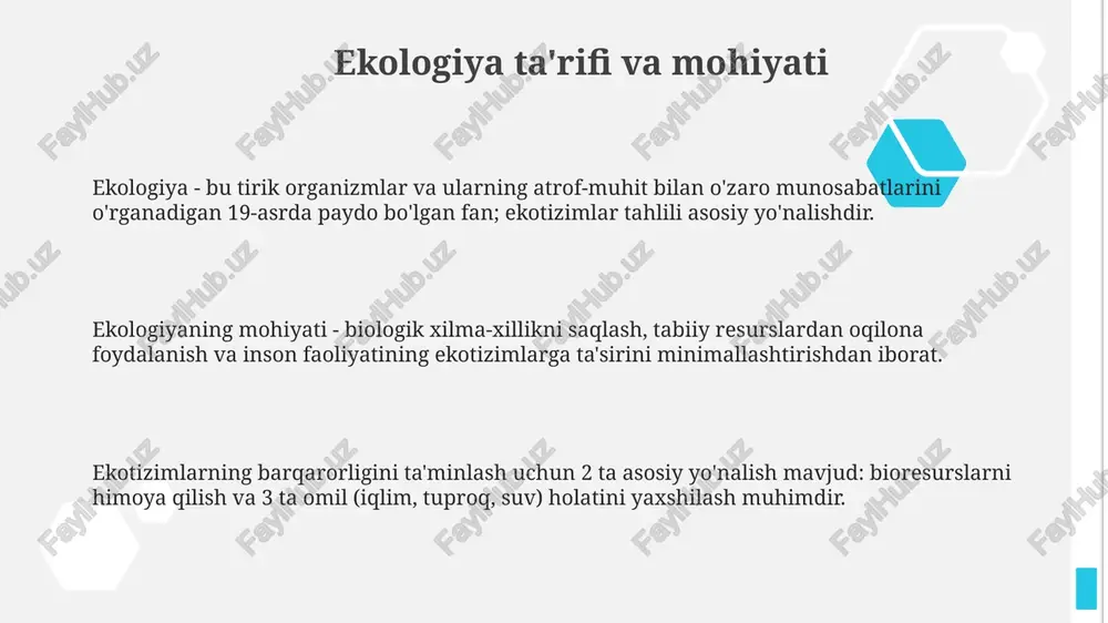 at 50 darajagacha ko'tarilishi mumkin. tayga biomlari, shuningdek, boreal o'rmonlari deb ham ataladi, shimoliy yarim sharda joylashgan bo'lib, ignabargli daraxtlar ustunlik qiladi va o'rtacha yillik harorat 0 darajadan past bo'lishi mumkin. ekologik muammolar: sabablari va oqibatlari o'rmonlarning kesilishi, ayniqsa tropik o'rmonlar, biologik xilma-xillikni yo'qotishga sabab bo'lmoqda, natijada har yili 50,000 dan ortiq tur yo'q bo'lib ketmoqda. sanoatning rivojlanishi natijasida atmosferaga 30 milliard tonnadan ortiq karbonat angidrid gazi chiqarilishi issiqxona effektini kuchaytirib, global isishga olib kelmoqda. qishloq xo'jaligida pestitsidlar va o'g'itlardan foydalanish tuproq va suvning ifloslanishiga olib keladi, natijada 40% ekin maydonlari degradatsiyaga uchragan. atrof-muhitni muhofaza qilish atrof-muhitni muhofaza qilishning bir usuli chiqindilarni qayta ishlashdir. masalan, 70% gacha qog'ozni qayta ishlash orqali daraxtlarni saqlash va tabiiy resurslarni tejash mumkin. atrof-muhitni muhofaza qilish qonunlari, masalan, havo va suvning ifloslanishiga qarshi kurashish uchun qabul qilingan 150 dan ortiq normativ hujjatlardan iborat. energiya tejamkor texnologiyalardan foydalanish, masalan, led lampalar, elektr energiyasini 80% gacha kamroq …