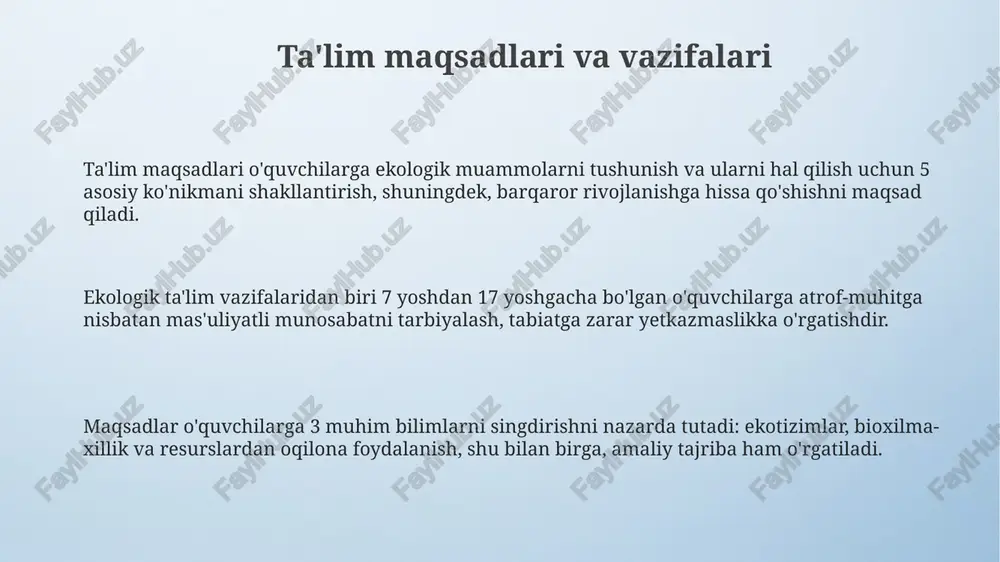 sh bo'yicha 3 ta innovatsion yechim taklif qilish va chiqindilarni kamaytirish uchun 2 ta yangi usulni amaliyotga tatbiq etish imkonini beradi. baholash mezonlari va usullari baholash mezonlari ekologik bilimlar boʻyicha 70% test va 30% loyiha ishlarini qamrab oladi, bu oʻquvchining nazariyani amaliyot bilan bogʻlay olish qobiliyatini oʻlchaydi. baholash usullari orasida 5 ballik tizim asosida atrof-muhit muammolarini hal etish boʻyicha guruh loyihalari va individual taqdimotlar muhim oʻrin tutadi. o'quvchilarning barqaror rivojlanish tamoyillarini tushunishi 8 ta asosiy ko'rsatkich orqali baholanadi, bu ularning amaliy ko'nikmalari va ekologik ongi darajasini aniqlaydi. o'qitish usullari va yondashuvlari ekologik ta'limda 3e yondashuvi (experience, explore, explain) juda muhim: tajriba orqali bilish, o'rganish, so'ngra tushuntirish - bilim olishning optimal yo'lidir. interfaol ta'lim usullari, masalan, loyihalar asosidagi ta'lim (project-based learning) va muammoga asoslangan ta'lim (problem-based learning), talabalarning 21-asr ko'nikmalarini rivojlantiradi. o'qitishda turli xil strategiyalardan foydalanish, shu jumladan, 4d modellaridan (discover, discuss, design, deploy) foydalanish talabalarning bilim olish jarayonini boyitadi. o'qituvchilar …