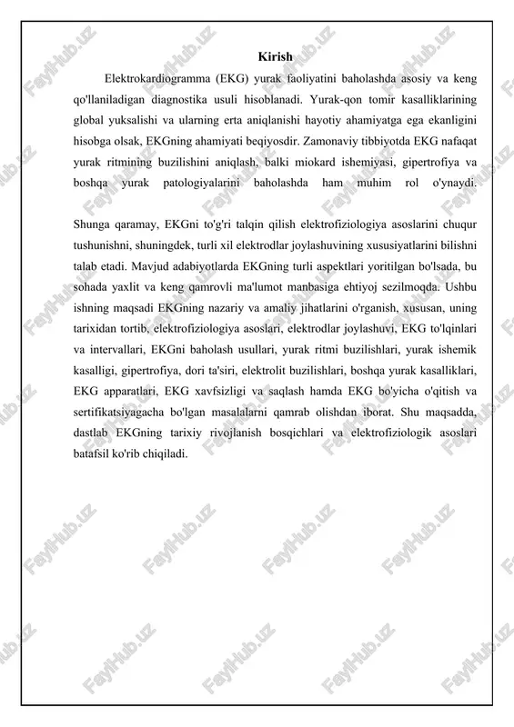 shifokorlar yurakning o'tkazuvchanlik tizimidagi muammolarni aniqlab, tegishli davolash usullarini qo'llashlari mumkin. ekg qog'ozining standartlashtirilishi ekg qog'ozi standartlashtirilgan bo'lib, elektr signallarining vaqt va kuchlanishini aniq o'lchash imkonini beradi. qog'oz gorizontal va vertikal chiziqlardan iborat bo'lib, gorizontal chiziqlar vaqtni (odatda millisekundlarda), vertikal chiziqlar esa kuchlanishni (millivoltlarda) ifodalaydi. kichik katakning o'lchami 1 mm bo'lib, gorizontal yo'nalishda 0.04 sekundni, vertikal yo'nalishda esa 0.1 mvni ifodalaydi. katta katak esa 5 mm bo'lib, gorizontal yo'nalishda 0.2 sekundni, vertikal yo'nalishda 0.5 mvni ifodalaydi. ekgni o'qishda qog'ozning standartlashtirilishiga e'tibor qaratish muhim. standart tezlik 25 mm/sekund bo'lib, bu esa yurak ritmining aniq o'lchash imkonini beradi. standart kuchlanish esa 1 mv = 10 mm. agar ekg yozuvi standart parametrlar bilan amalga oshirilmagan bo'lsa, natijalar noto'g'ri bo'lishi mumkin. masalan, agar tezlik sekinroq bo'lsa, yurak ritmi sekinroq ko'rinishi mumkin, aksincha, tezroq bo'lsa, yurak ritmi tezroq ko'rinishi mumkin. xuddi shunday, kuchlanish yuqoriroq yoki pastroq bo'lsa, to'lqinlarning balandligi noto'g'ri baholanishi mumkin. 📋 elektrokardiogramma (ekg) …