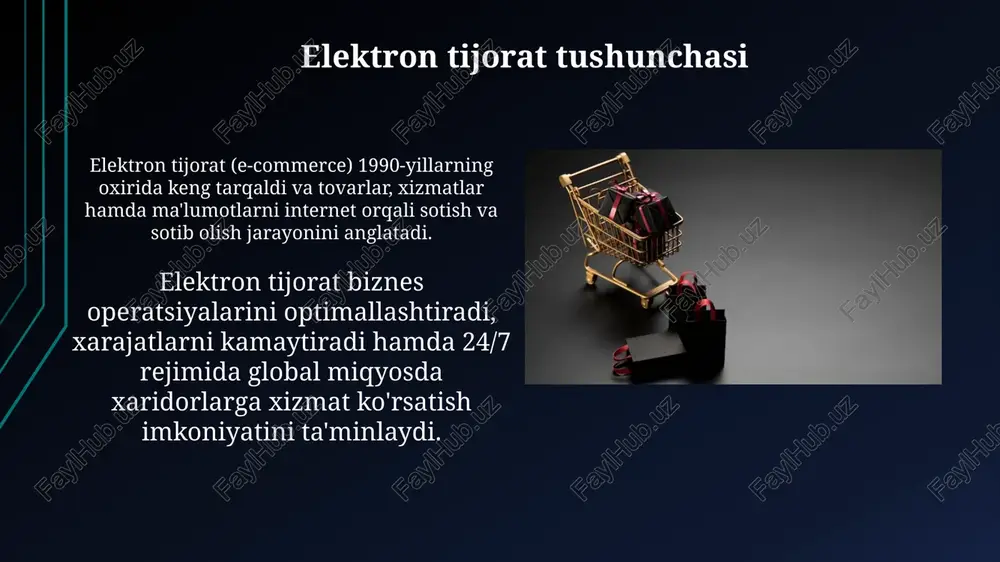iqarish va tarqatish xarajatlari pastligi tufayli iste'molchilar uchun narxlar arzonlashadi va kompaniyalar uchun foyda 15-25% ga ko'payadi. e-bozor va e-tovarlarning huquqiy jihatlari elektron tijoratda shaxsiy ma'lumotlarni himoya qilish to'g'risidagi qonunlar (masalan, gdpr) iste'molchilarning ma'lumotlarini himoya qiladi, bu esa 13 yoshdan katta foydalanuvchilarning huquqlarini ta'minlaydi. mualliflik huquqi qonunlari elektron tovarlarni (masalan, dasturiy ta'minot, musiqa) ruxsatsiz ko'paytirish va tarqatishdan himoya qiladi, buzganlik uchun 5000 aqsh dollaridan jarima belgilaydi. e-bozor va e-tovarlarning kelajak istiqbollari kelajakda e-bozorlar sun'iy intellekt (ai) va mashinalarni o'rganish algoritmlari yordamida moslashtirilgan xaridor tajribasini taqdim etadi, bu esa savdo hajmini 30% ga oshirishi mumkin. blokcheyn texnologiyasi e-tovarlarning kelajagida muhim rol o'ynaydi, bu esa raqamli aktivlar egaligini himoya qiladi va 2025 yilga kelib kontrafakt mahsulotlar ulushini 15% ga kamaytirishi mumkin. e-bozor misollari amazon.com, global miqyosdagi e-bozor bo'lib, 12 milliondan ortiq tovarlarni taklif etadi, jumladan elektronika, kiyim-kechak va kitoblar, shuningdek, amazon prime kabi xizmatlarni ham taqdim etadi. alibaba.com - xalqaro ulgurji savdo …