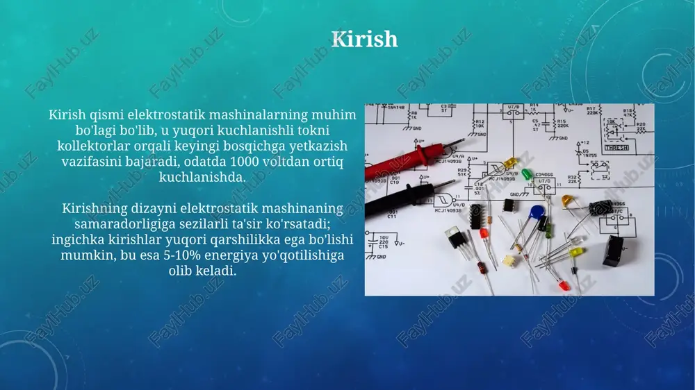 ay qolishiga olib kelishi mumkin. izolyatsiya buzilishi yoki o'rash qisqa tutashuvi kabi nosozliklar, ulanish diagrammasidagi noto'g'ri kuchlanish ko'rsatkichlari, haddan tashqari qizib ketish yoki himoya qurilmalarining ishga tushishiga olib kelishi mumkin. nosozliklarni bartaraf etish usullari nosozlikni bartaraf etishda izolyatsiya qarshiligini o'lchash muhim, minimal qiymati 1 megaom bo'lishi kerak, past bo'lsa, quritish lampalari yoki issiq havo bilan quritish usuli qo'llaniladi. mexanik nosozliklarda, masalan, podshipniklardagi tebranish 1500 aylanish tezligida 71 db dan oshmasligi kerak, moylash tizimini tekshiring va kerak bo'lsa podshipniklarni almashtiring. amaliy misollar va tahlil elektrostatik mashinalar changyutgichlarda qo'llaniladi, bu erda yuqori voltli korona razryadi chang zarrachalarini zaryadlaydi va elektrostatik maydon ularni yig'ish plitalariga tortadi, samaradorlik 99% dan oshadi. sanoatda elektrostatik bo'yash usuli keng tarqalgan: zaryadlangan bo'yoq zarrachalari metall yuzaga tortiladi, bu esa tekis qoplamani ta'minlaydi va bo'yoqni 95% gacha tejaydi. xulosa elektrostatik mashinalarning ulanish diagrammasini o'rganish 100% samaradorlikka erishish uchun emas, balki yuqori kuchlanishni (10 kv dan ortiq) kam oqimda (~1 …
