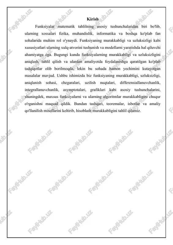 i qiymati mavjud bo'lmaganda yoki limit qiymatiga teng bo'lmaganda sodir bo'ladi, ammo limitning o'zi mavjud. masalan, f(x) = (x^2 - 1) / (x - 1) funksiyasi x = 1 nuqtada olib tashlash uzilishiga ega. funksiyani x = 1 nuqtada f(1) = 2 deb aniqlash orqali bu uzilishni yo'q qilish mumkin. sakrash uzilishi funksiyaning o'ng va chap limitlari mavjud bo'lganda, lekin ular bir-biriga teng bo'lmaganda sodir bo'ladi. misol uchun, x 0; 0, agar x a) f(x) mavjud bo'lishi kerak (a nuqtaga yaqinlashganda limit mavjud bo'lishi kerak). 3) lim (x->a) f(x) = f(a) bo'lishi kerak (limit funksiya qiymatiga teng bo'lishi kerak). agar bu shartlardan birortasi bajarilmasa, funksiya x = a nuqtada uzilishga ega deyiladi. uzilishlar turlari: bartaraf etiladigan, sakrash va cheksiz uzilishlar. funksiya uzluksizligini tekshirish amaliy ahamiyatga ega. misol uchun, ko'plab fizik jarayonlarni matematik modellashtirishda uzluksiz funksiyalardan foydalaniladi. elektromagnit maydon kuchlanishi, harorat gradienti va suyuqlik oqimi kabi fizik kattaliklar ko'pincha uzluksiz funksiyalar …
