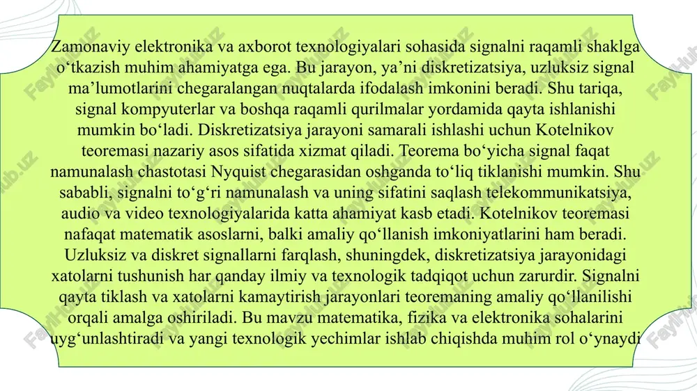 nadi. shuningdek, namunalash chastotasini oshirish va kvantlash aniqligini yaxshilash signal sifatini saqlashga yordam beradi. kvantlash xatosi quyidagi formula orqali hisoblanadi analog signal uzluksiz vaqt bo‘yicha qiymatga ega bo‘ladi va uni raqamli qurilmalar uchun moslashtirish zarur. bu jarayon signalni diskret nuqtalarda qiymat olish orqali amalga oshiriladi. diskretizatsiya orqali analog signal x(t) quyidagicha ifodalanadi diskretizatsiya va kotelnikov teoremasi bilan bog‘liq amaliy masalalar x[n]=x(nt),n=0,1,2,… keyin kvantlash orqali har bir namuna ma’lum bitlar soniga mos keladigan raqamli qiymatga aylantiriladi. kvantlash xatosi rqali aniqlanadi, bu yerda n – bitlar soni. shu tariqa, analog signal raqamli formatga o‘tkazilib, kompyuter va boshqa raqamli qurilmalarda ishlashga tayyor bo‘ladi. namunalash jarayoni signalning belgilangan vaqt nuqtalaridagi qiymatlarini olishdan iborat. tiklash jarayoni esa ushbu namunalardan signalning asl uzluksiz shaklini qayta hosil qiladi. shunday qilib, namunalash va tiklash signal sifatini saqlashning asosiy qismidir. 1 signalni to‘g‘ri tiklash kotelnikov teoremasi yordamida amalga oshiriladi. agar namunalash chastotasi nyquist chegarasidan yuqori bo‘lsa, uzluksiz signalni to‘liq …