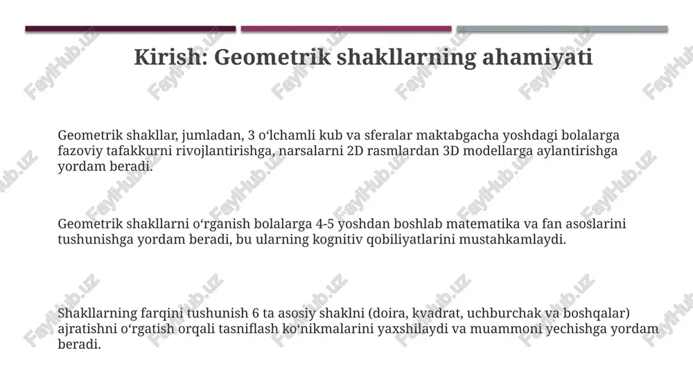 r (masalan, 3 ta uchburchak, 4 ta toʻrtburchak) haqidagi bilimlarni mustahkamlash, ularning fazoviy tasavvurini rivojlantirishga yordam beradi. oʻyinning interaktivligi va vizual jozibadorligi (masalan, yorqin ranglar, 2d animatsiya) bolalarning oʻrganishga boʻlgan qiziqishini oshiradi va oʻzlashtirish darajasini 60% ga koʻtarishi mumkin. tavsiya etiladi: ota-onalarga oʻyinni farzandlari bilan birga oʻynash, ularga 5 ta asosiy shakl (doira, kvadrat, uchburchak, toʻrtburchak, oval) nomlarini eslatish va ragʻbatlantirish muhimdir. e'tiboringiz uchun rahmat image1.png