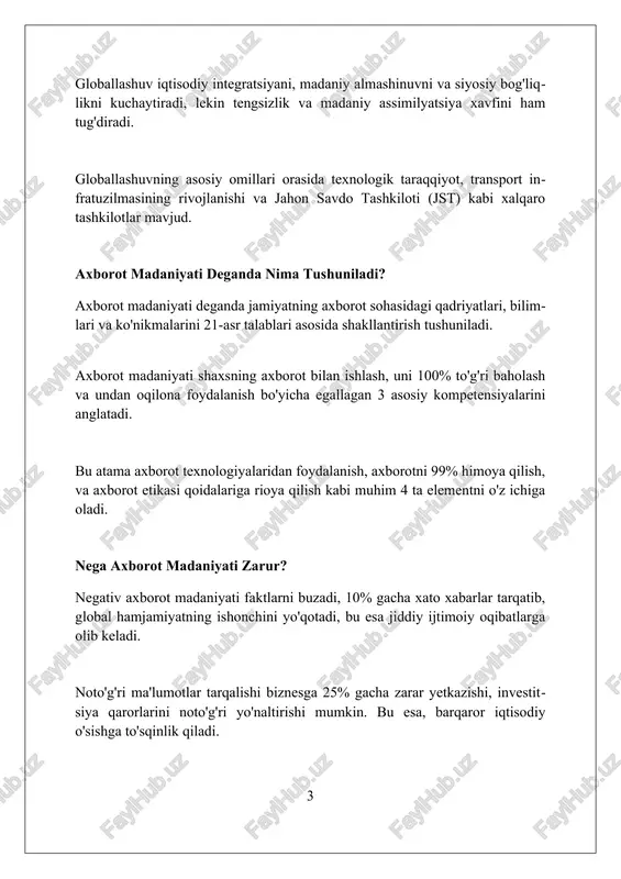 idan noto'g'ri foydalanish kamayadi. axborot madaniyatining siyosiy foydalari axborot madaniyati siyosiy barqarorlikni oshiradi, chunki 100% aniq ma'lumotga ega fuqarolar hukumat qarorlarini 2 karra yaxshiroq tushunadi va qo'llab-quvvatlaydi. kuchli axborot madaniyati siyosiy jarayonlarda 50% ko'proq ishtirok etishga olib keladi, bunda fuqarolar 3 xil usul bilan ovoz berish, petitsiya va debatlarda faol qatnashadi. ochiq axborot madaniyati korruptsiyani 30% kamaytiradi, chunki mustaqil jurnalistlar va kuzatuvchilar hukumat faoliyatini 4 asosiy sohada: xarajatlar, tenderlar, tayinlovlar va qonunchilikda nazorat qiladi. raqamli savodxonlik: axborot madaniyatining asosi raqamli savodxonlik 21-asrda axborot madaniyatining asosi bo'lib, har bir fuqaro uchun zaruriy ko'nikma hisoblanadi, jumladan, ma'lumotlarni topish va baholash qobiliyati. raqamli savodxonlikka ega bo'lish, shaxsiy ma'lumotlarni himoya qilish, onlayn xavfsizlikni ta'minlash va 1990-yillardan buyon dolzarb bo'lgan raqamli huquqlarni anglashni o'z ichiga oladi. axborot madaniyatining asosi sifatida raqamli savodxonlik jamiyatda 7 milliarddan ortiq qurilmalar orqali raqamli texnologiyalardan samarali foydalanish imkonini beradi. noto'g'ri axborot va unga qarshi kurash noto'g'ri axborot ijtimoiy tarmoqlarda 70% …