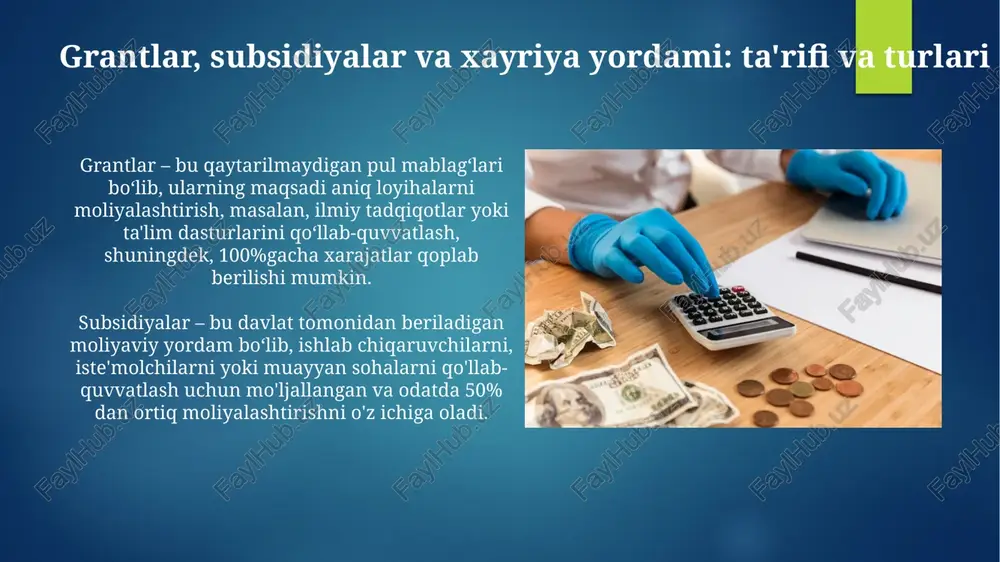 gan 20% ma'muriy xarajatlarga sarflangani tekshiriladi. misollar va amaliy vaziyatlar misol: nnt 100 million so'm grant olib, 80 million so'mini loyihaga sarfladi. 20 million so'm esa hisobotda qoldiq sifatida ko'rsatiladi. amaliy vaziyat: davlat subsidiya ajratdi (50 million so'm) fermerga yangi texnika uchun, bu mablag' aktiv sifatida hisobga olinadi va amortizatsiya hisoblanadi. xulosa va tavsiyalar xulosa qilib aytganda, hisobot davrida olingan 120 million so'mlik grantlar, subsidiyalar va xayriyalar 25% maqsadli ko'rsatkichlarga erishganini ko'rsatadi. tavsiya sifatida, 2024-yilda ushbu mablag'larni boshqarish bo'yicha ichki nazorat tizimini takomillashtirish, xususan, xarajatlarning 90% samaradorligini ta'minlash zarur. e'tiboringiz uchun rahmat image6.png image7.jpg image8.jpg image9.jpg image10.jpg image11.jpg image12.jpg image13.jpg image14.jpg image15.jpg image16.jpg image17.jpg image2.png image3.png image4.png image5.png