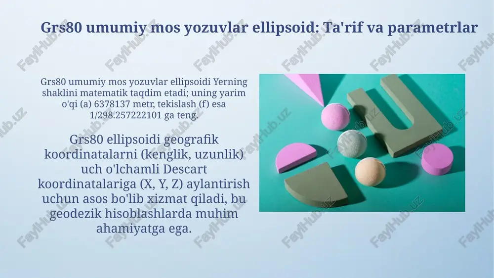 lar va kelajakdagi o'zgarishlar wgs 84 ellipsoidiga muqobil sifatida grs 80 dan foydalanish, masalan, mintaqaviy ellipsoidlar, geodezik aniqlikni oshirish uchun mahalliy ma'lumotlarga mos keladi, natijada 10-20 sm aniqlikka erishiladi. kelajakda og'irlik maydoniga asoslangan geoid modellariga e'tibor kuchayadi, bu esa 1-2 sm aniqlikdagi balandliklarni aniqlash imkonini beradi va ellipsoid balandliklar o'rnini bosishi mumkin. e'tiboringiz uchun rahmat image4.png image5.png image6.jpg image7.jpg image8.jpg image9.jpg image10.jpg image11.jpg image12.jpg image13.jpg image14.jpg image15.jpg image1.jpeg