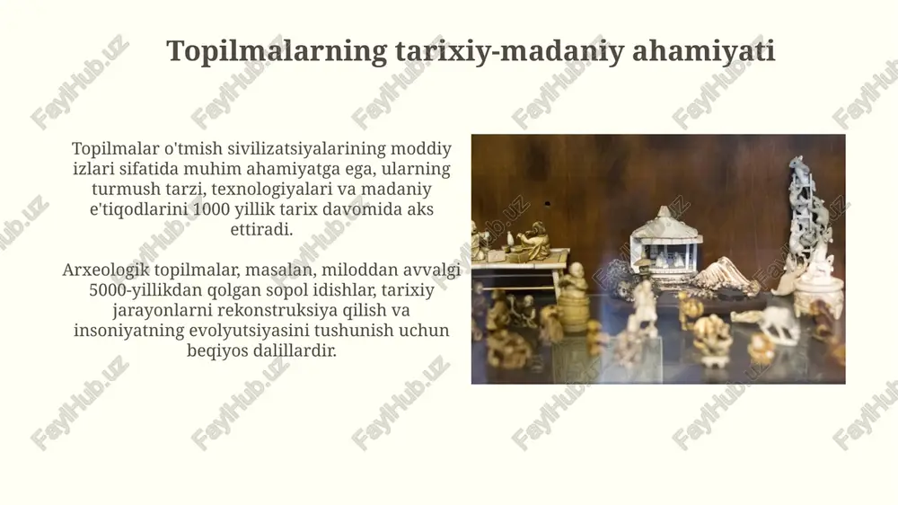 ta'lim dasturlari orqali bilim olishga yordam beradi va ilmiy tadqiqotlar uchun 20 ta markaz sifatida xizmat qiladi. muzeylashtirishning istiqbollari va rivojlanish tendentsiyalari raqamli texnologiyalarning rivojlanishi muzeylashtirishda 3d modellashtirish, vr va ar texnologiyalarini qo'llash orqali eksponatlarni interaktiv namoyish etish imkoniyatini kengaytiradi. ekologik muzeylashtirish tendentsiyasi tabiiy muhitni saqlash va uni 2.0 muzey ob'ektiga aylantirishga qaratilgan bo'lib, bu 40% ga ko'proq tashrif buyuruvchilarni jalb qilishi mumkin. topilmalarni yig'ishning ahamiyati topilmalarni yig'ish, kelajak avlodlar uchun qimmatli madaniy merosni saqlashga yordam beradi, ular orqali o'tmishning 100 yillik tarixiy jarayonlarini anglash mumkin. arxeologik topilmalarni yig'ish, tarixiy davrlar haqida 75% ko'proq ma'lumot beradi va ilk insoniyat sivilizatsiyasining rivojlanish bosqichlarini ochib beradi. konservatsiya va restavratsiya amaliyoti konservatsiya ob'ekt materialining degradatsiyasi jarayonini sekinlashtirishga qaratilgan. masalan, metall buyumlar uchun korroziyani kamaytirish uchun 20-asr texnologiyalari qo'llaniladi. restavratsiya asl ko'rinishini tiklashga qaratilgan bo'lib, 3d modellashtirish yordamida 18-asrga oid keramika parchalari asl shakliga qaytariladi. etik me'yorlarga rioya qilinadi. eksponatlarning tasnifi va tavsifi eksponatlar …