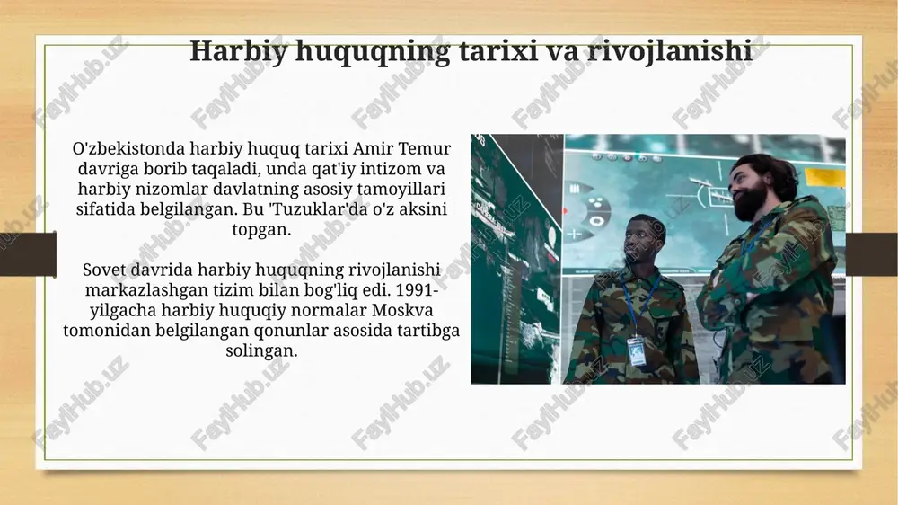 lqaro harbiy huquq bo'yicha xalqaro sud va tribunalarning yurisdiksiyasini tan oladi, agar ular o'zbekiston tomonidan imzolangan shartnomalarda belgilangan bo'lsa. nizolarni hal etishning harbiy-huquqiy mexanizmlari harbiy nizolarni hal etishda mediatsiya usuli keng qo'llaniladi, bunda neytral uchinchi tomon ishtirokida ikki tomon o'rtasidagi kelishmovchiliklarni bartaraf etishga qaratilgan muzokaralar olib boriladi. garnizon va oliy harbiy sudlar harbiy xizmatchilar o'rtasidagi mulkiy, xizmatga oid va boshqa huquqiy nizolarni ko'rib chiqish va adolatli qaror qabul qilish vakolatiga ega. harbiy huquqning islohotlari va kelajak istiqbollari harbiy huquq islohotlari 2024-2030 yillarda harbiy xizmatchilarning ijtimoiy himoyasini kuchaytirish, uy-joy ta'minoti tizimini takomillashtirish kabi aniq vazifalarni belgilaydi. kelajakda harbiy huquq xalqaro standartlarga moslashuvi, jumladan, 1949 yilgi jeneva konvensiyalari va qo'shimcha protokollarini implementatsiya qilish orqali o'z rivojlanishini davom ettiradi. e'tiboringiz uchun rahmat image7.jpg image8.jpg image9.jpg image10.jpg image11.jpg image12.jpg image13.jpg image14.jpg image15.jpg image16.jpg image17.jpg image3.png image4.png