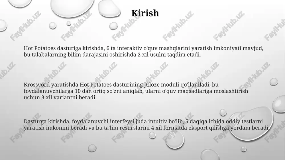 x20 gacha bo'lishi mumkin, lekin maqsadga muvofiq 15x15 kabi o'lchamni tanlash maqsadga muvofiqdir. krossvord o'lchamlarini belgilashda so'zlarning uzunligi va qiyinlik darajasini hisobga olish muhim, chunki 5-6 harfli so'zlar boshlovchilar uchun ideal bo'lishi mumkin. krossvord o'lchamlarini belgilashda qora kataklar soni umumiy kataklarning 25-30 foizidan oshmasligi kerak, chunki yuqori zichlik yechish qiyinligini oshiradi. so'zlarni kiritish har bir katak uchun javob (so'z) va uning ta'rifini kiritish kerak. ta'rif kamida 10 ta so'zdan iborat bo'lishi kerak. agar ta'rif qisqa bo'lsa, dastur ishlamasligi mumkin. so'zlarni kiritishda 15 ta belgigacha bo'lgan so'zlardan foydalaning; agar so'z 20 belgidan oshsa, hot potatoes dasturi xatolikka olib kelishi mumkin, shuning uchun ehtiyot bo'ling. so'zlarni kiritish paytida imlo xatolariga yo'l qo'ymang; agar javob to'g'ri bo'lmasa, krossvord ishlamaydi. 100% aniqlikka erishish uchun imloni ikki marta tekshiring. izohlarni kiritish 'izohlarni kiritish' hot potatoes dasturida to'g'ri javob berilmagan savollar uchun 10-20 ta so'zdan iborat qo'shimcha tushuntirishlar berish imkonini yaratadi. 'izohlarni kiritish' interfeysi orqali foydalanuvchi …