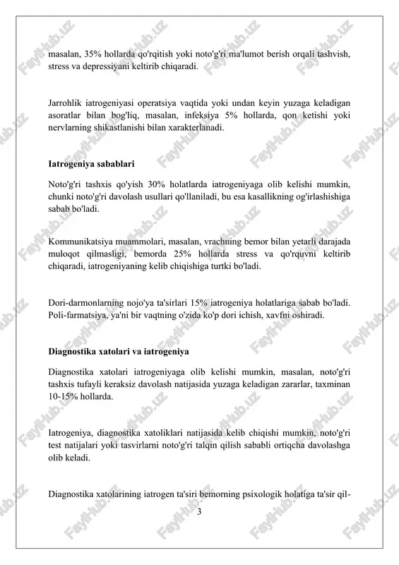 otiklarga chidamli mikroorganizmlar (masalan, mrsa) keng qo'llanilishi tufayli iatrogen infektsiyalar xavfini oshiradi, shuningdek, davolash muvaffaqiyatini 50% ga kamaytiradi. psixologik iatrogeniya psixologik yatrogeniya bemorning ruhiy holatiga salbiy ta'sir ko'rsatuvchi tibbiy xodimlarning 40% gacha bo'lgan noto'g'ri so'zlari yoki xatti-harakatlari natijasida yuzaga keladi. kasallikning diagnostik belgilarini 25% gacha oshirib ko'rsatish, bemorning tashvishini kuchaytirishi, noaniqlik hissini yaratishi va adaptatsiya buzilishlariga olib kelishi mumkin. tibbiy xodimlarning bemorning ahvoli haqidagi pessimistik prognozlari, masalan, 30% hollarda, bemorning ruhiy tushkunligiga va davolanishga ishonchsizlikka olib keladi. kommunikatsiya muammolari va iatrogeniya noaniq kommunikatsiya (kam ma'lumot berish) iatrogeniya xavfini oshiradi, chunki bemor 30% hollarda davolashni tushunmaydi va noto'g'ri xatti-harakat qiladi. empatiya yetishmasligi va shifokorning bemor bilan suhbat vaqtini 15 daqiqadan kamroq o'tkazishi bemorlarda stressni 40% ga oshiradi, iatrogen holatlarga olib keladi. so'zlarning noto'g'ri tanlanishi (masalan, 'o'simta' o'rniga 'mass') bemorning qo'rquvini 25% ga kuchaytirib, iatrogenik ta'sirga olib keluvchi tashvishni keltirib chiqarishi mumkin. iatrogeniyaning iqtisodiy oqibatlari yatrogeniya kasalliklari davolash uchun qo'shimcha xarajatlarni keltirib …