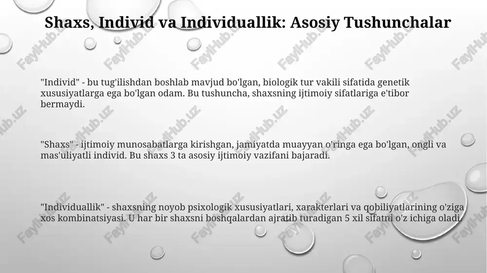 duallikni baholashda turli testlar, jumladan myers-briggs type indicator (mbti) qo'llaniladi, bu esa shaxsning psixologik turini aniqlash va huquqlarini himoya qilish uchun muhim. shaxsning huquqlari va erkinliklari, masalan, 1948-yildagi inson huquqlari umumjahon deklaratsiyasida belgilanganidek, uning individualligini rivojlantirish va o'zini ifoda etish imkoniyatini ta'minlaydi. e'tiboringiz uchun rahmat image1.png image2.png