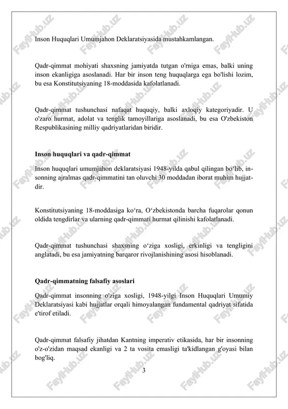 y shaklidan himoya qilishni anglatadi. konstitutsiyada ham aks etgan. qadr-qimmat va erkinlikning buzilishi, masalan, qullik, qiynoqlar va inson savdosi kabi holatlar qonun bilan taqiqlangan bo'lib, jiddiy jazo choralari ko'riladi, 25-modda qoidalariga asosan. qadr-qimmat va adolat "qadr-qimmat va adolat" shaxsning fundamental huquqlarini, shu jumladan, 1948-yilgi inson huquqlari umumjahon deklaratsiyasi kafolatlaydigan huquqlarni himoya qilishda markaziy o'rin tutadi. bu tushuncha har bir insonning teng qadrliligi va har qanday shakldagi kamsitishga yo'l qo'ymaslikni anglatadi, bu esa konstitutsiyaning 18-moddasida o'z ifodasini topgan. "qadr-qimmat va adolat" tamoyillari sud jarayonlarida muhim ahamiyatga ega bo'lib, 68-moddaga muvofiq, har bir shaxsga adolatli va xolis munosabatda bo'lishni talab etadi. qadr-qimmatga tahdidlar qashshoqlik va ijtimoiy tengsizlik, 1 milliarddan ortiq odam kuniga 2 dollardan kam pulga yashashi, qadr-qimmatga jiddiy tahdid soladi. diskriminatsiya, jumladan, irqchilik va gender kamsitish kabi amaliyotlar, 7 milliarddan ortiq inson qadr-qimmatini poymol qiladi va teng huquqlilikni buzadi. urush va zo'ravonlik, 20-asrda millionlab odamlarning o'limiga sabab bo'lgan, inson qadr-qimmatiga bevosita …