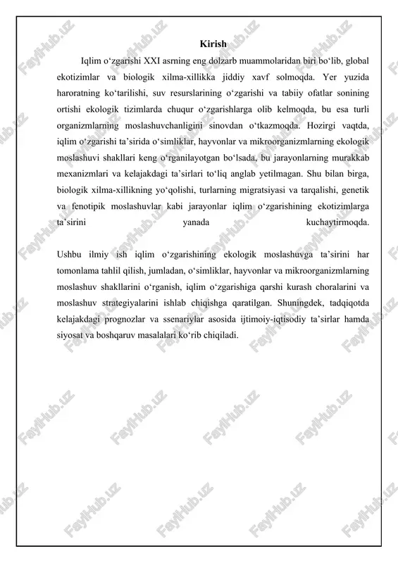 li yangi iqlim sharoitlariga moslashish) kiradi. masalan, bir qator qush turlari bahorda ko'chib kelish vaqtini o'zgartirib, issiqroq haroratga moslashmoqda. dengiz organizmlari ham o'z yashash joylarini qutbga tomon siljitmoqda, bu esa o'z navbatida ekosistemalarning tuzilishiga ta'sir qiladi. ammo, ekologik moslashuvning cheklanishi ham mavjud. iqlom o'zgarishi juda tez kechayotganligi sababli, ko'pchilik turlar moslashishga ulgurmaydi. bundan tashqari, yashash joylarining yo'qolishi va fragmentatsiyasi turlarning ko'chishini cheklashi mumkin. evolyutsion moslashuv jarayoni uzoq vaqt talab qiladi va barcha turlar genetik xilma-xillikning yetarli darajasiga ega emas. dengiz organizmlari okeanlarning kislotalanishi va haroratning oshishi kabi bir nechta stress omillariga bir vaqtning o'zida duch kelishi mumkin, bu esa ularning moslashish qobiliyatini yanada cheklaydi. demak, iqlim o'zgarishiga qarshi kurashish uchun adaptatsiya bilan bir qatorda issiqxona gazlari emissiyasini kamaytirish muhim ahamiyatga ega. 📊 ekologik moslashuv mexanizmlari: taqqoslash ushbu jadval turli ekologik moslashuv mexanizmlarini, ularning afzalliklari, cheklanishlari va ekotizimlarga ta'sirini taqqoslaydi. moslashuv mexanizmi afzalliklari cheklanishlari ekotizimga ta'siri fenologik o'zgarish o'simliklar va hayvonlarning …