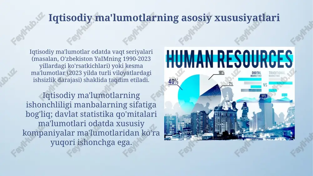 tini tushunish muhim, bu ekonometrik modellarni qurishda asos boʻladi. ekonometrik modellar, masalan, oddiy regressiya modeli, bir oʻzgaruvchining boshqa oʻzgaruvchiga taʼsirini oʻlchashga yordam beradi hamda 95% ishonch intervalini baholashga imkon yaratadi. iqtisodiy prognozlash asoslari iqtisodiy prognozlashda oʻrtacha kvadrat xatosi (mse) kabi koʻrsatkichlar ishlatiladi. past mse prognozning aniqligini koʻrsatadi, odatda kamida 1000 ta ma'lumot talab etiladi. ekonometrik modellar, masalan, arima (p,d,q), kelajakdagi qiymatlarni bashorat qilish uchun vaqt seriyalari ma'lumotlarining oʻtmishdagi qiymatlaridan foydalanadi; 5 yillik ma'lumotlar foydali. ma'lumotlarni baholash va talqin qilish ma'lumotlarni baholash va talqin qilishda 95% ishonch oralig'i kabi statistik ishonchlilik o'lchovlarini hisobga olish, natijalarning aniqligini tushunishga yordam beradi. ekonometrik modellarning r-kvadrat qiymati 0 dan 1 gacha bo'lib, modelning ma'lumotlarni qanchalik yaxshi tushuntirishini ko'rsatadi. yuqori qiymat yaxshiroq mos kelishni anglatadi. ma'lumotlardan foydalanish sohalari, cheklovlar va axloqiy masalalar iqtisodiy ma'lumotlar siyosat tahlilida 2008-yilgi moliyaviy inqiroz kabi holatlarga javob choralarini shakllantirishda ishlatiladi, bunda ma'lumotlarning aniqligi muhim rol o'ynaydi. ma'lumotlardan foydalanishdagi cheklovlar orasida vaqtinchalik …