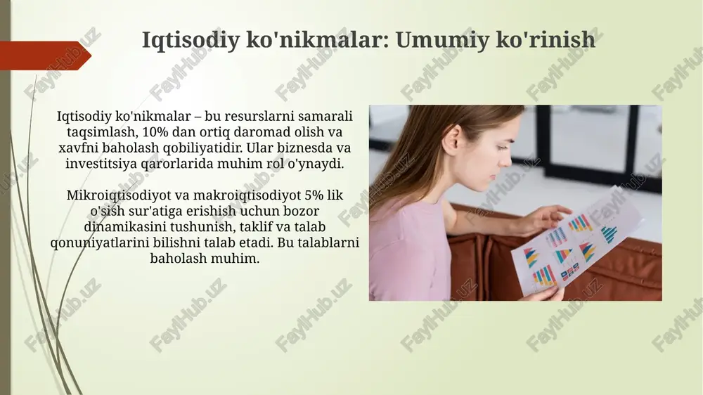 port qiymatlari o'rtasidagi farqni ko'rsatadi; musbat balans (profit) 10 million dollardan ortiq eksportni aks ettiradi. tashqi savdo aylanmasi mamlakatning umumiy eksport va import hajmini ifodalaydi, masalan, 2023-yilda bu ko'rsatkich 50 milliard dollarga yetdi. davlat qarzi va byudjet taqchilligi davlat qarzi yalpi ichki mahsulotning (yaim) ma'lum foizidan oshmasligi kerak, masalan, 60%, bu iqtisodiy barqarorlik ko'rsatkichi sifatida xizmat qiladi. byudjet taqchilligi, odatda, yaimga nisbatan foizda o'lchanadi. masalan, 3% taqchillik me'yoriy ko'rsatkich bo'lib, moliyaviy xavfsizlikni aks ettiradi. pul-kredit siyosati ko'rsatkichlari pul-kredit siyosati ko'rsatkichlari, jumladan, foiz stavkalari, inflyatsiyani 2024-yilda 10% gacha pasaytirish maqsadida markaziy bank tomonidan doimiy ravishda sozlanadi. majburiy rezerv talablari banklarning likvidligini nazorat qiladi. masalan, 2023-yilda bu ko'rsatkich tijorat banklarining pul massasiga ta'sirini o'zgartirishi mumkin. ekonometrik modellar va prognozlash ekonometrik modellar, masalan, regressiya tahlili, iqtisodiy o'zgaruvchilar o'rtasidagi munosabatlarni baholashda ishlatiladi, r-kvadrat ko'rsatkichi esa modelning mosligini o'lchaydi. vaqt seriyalari ekonometrikasi, arima kabi usullar bilan, kelajakdagi iqtisodiy ko'rsatkichlarni, masalan, yaim o'sish sur'atini prognoz qilish …