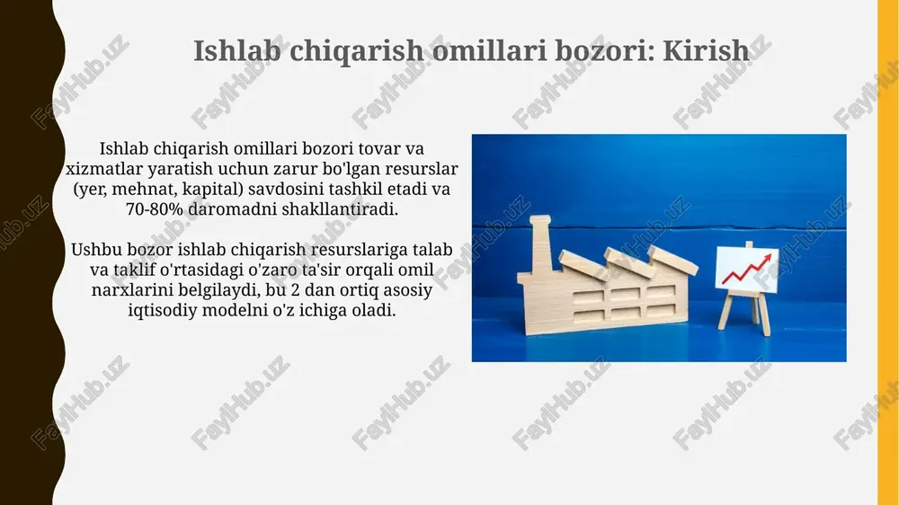 ham inobatga olinishi kerak. diversifikatsiya, ya'ni investitsiya portfelini turli aktivlar bo'ylab taqsimlash, riskni kamaytirishning muhim usuli hisoblanadi. global ishlab chiqarish omillari va kapital bozorlari global ishlab chiqarish omillari bozorlarida, kapitalning xalqaro harakati korporatsiyalarga 2 trillion aqsh dollaridan ortiq sarmoya kiritish imkonini beradi, bu esa global ishlab chiqarishni oshiradi. yerning unumdorligi va tabiiy resurslarning mavjudligi qishloq xo'jaligi va tog'-kon sanoati kabi sohalarda 30% gacha global ishlab chiqarish samaradorligini belgilaydi. e'tiboringiz uchun rahmat image1.jpg image2.jpg image3.jpg image4.jpg image5.jpg image6.jpg image7.jpg image8.jpg image9.jpg image10.jpg image11.jpg