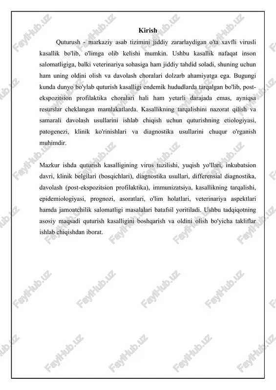 ngfalit rivojlanadi, bu esa miya to'qimasining shikastlanishiga va o'limga olib keladi. 📋 quturish infektsiyasining patogenezi, klinik ko'rinishlari va profilaktikasi quturish infektsiyasining sabablari, rivojlanish mexanizmi, oqibatlari va oldini olish choralarini tavsiflovchi jarayon. [diagramma qo'shish xatosi: no elements provided] klinik ko'rinishlar: prodromal davr va ensefalitik faza quturish kasalligining klinik ko'rinishlari bir necha bosqichda rivojlanadi. dastlabki prodromal davr 2-10 kun davom etadi va o'ziga xos bo'lmagan simptomlar bilan xarakterlanadi: isitma, bosh og'rig'i, umumiy holsizlik, mushak og'rig'i va charchoq. ko'p bemorlarda tishlangan joyda qichishish, achishish yoki og'riq seziladi. ba'zan, bemorlar ovqat hazm qilish buzilishlaridan (ko'ngil aynishi, qusish, diareya) shikoyat qilishi mumkin. ushbu davrda kasallikni aniqlash qiyin bo'lishi mumkin, ammo tishlangan joy haqida ma'lumot kasallikni gumon qilishga yordam beradi. prodromal davrdan so'ng, ensefalit faza boshlanadi, bu esa kasallikning eng og'ir bosqichidir. ensefalitik fazada bemorlarda xavotirlik, xafalik, galyutsinatsiyalar va noodatiy xulq-atvor kuzatiladi. klassik simptomlar gidrofobiya (suvdan qo'rqish) va aerofobiya (havodan qo'rqish) hisoblanadi, ular yutish mushaklarining spazmlari …