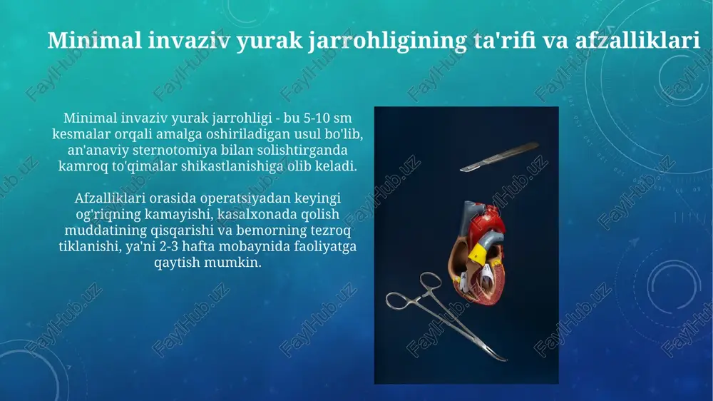 ercutan usul bilan davolash mumkin bo'lgan mitral yetishmovchilik kiradi. operatsiyadan oldingi baholash ekg, exokardiografiya va yurak kateterizatsiyasi kabi tekshiruvlarni o'z ichiga oladi, ular yurak funktsiyasi va koronar arteriya kasalligini baholashga qaratilgan. jarrohlik texnikasi, anesteziya usuli va operatsiyadan keyingi parvarish jarrohlik texnikasida 3-5 sm kesmalar orqali maxsus asboblar yordamida yurak klapanlarini almashtirish yoki koronar arteriyalarni aylanma yo'l bilan tiklash amaliyotlari bajariladi. anesteziya usulida odatda umumiy anesteziya qo'llaniladi, ba'zan esa epidural kateter orqali og'riqni nazorat qilish uchun operatsiyadan keyingi davrda ham foydalaniladi. asoratlar va ularni boshqarish, uzoq muddatli natijalar minimal invaziv jarrohlikda asoratlar qatoriga qon ketishi (5-10%), infektsiya (1-3%) va aritmiyalar kiradi. ularni boshqarish uchun qon quyish, antibiotiklar va antiaritmik dorilar qo'llaniladi. uzoq muddatli natijalar yurak funktsiyasining yaxshilanishini (ef 5-10%ga ortishi), simptomlarning kamayishini va 5 yillik omon qolish darajasining 80-90% ekanligini ko'rsatadi. an'anaviy yurak jarrohligi bilan taqqoslash, bemorni tanlash mezonlari va xarajat samaradorligi an'anaviy yurak jarrohligi ko'pincha 15-20 sm kesma talab qiladi, …