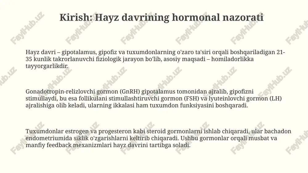 llikulidan hosil bo'ladi va progesteron gormonini ishlab chiqaradi, bu bachadon endometriumini implantatsiya uchun tayyorlaydi. sariq tana taxminan 14 kun davomida progesteron ishlab chiqaradi, agar urug'lanish sodir bo'lmasa, u degeneratsiya qiladi va menstruatsiyani keltirib chiqaradi. uterusning endometrium qatlami o'zgarishlari endometriumning o'zgarishlari 3 bosqichda sodir bo'ladi: hayz ko'rish (1-5 kun), proliferatsiya (6-14 kun) va sekretor faza (15-28 kun), bunda qalinligi 0,5 mm dan 5 mm gacha o'zgaradi. estrogen endometriumning proliferatsiya fazasida o'sishini rag'batlantiradi, hujayralar sonini ko'paytiradi va qon tomirlarini rivojlantiradi, natijada qalinligi sezilarli darajada oshadi. progesteron sekretor fazada endometrium bezlarining rivojlanishiga yordam beradi va ularni oziq moddalar bilan to'ldiradi, bu esa implantatsiya uchun qulay muhit yaratadi va shilliq qavatni qalinlashtiradi. gormonal feedback mexanizmlari (musbat va manfiy) lyuteal fazada progesteron va estradiolning yuqori darajalari fsh va lhni inhibe qiluvchi salbiy qayta aloqa beradi, bu esa follikulyar rivojlanishning oldini oladi va keyingi ovulyatsiyaning oldini oladi. estrogenning yuqori darajalari follikulyar fazada lh sekretsiyasini rag'batlantiradigan musbat …