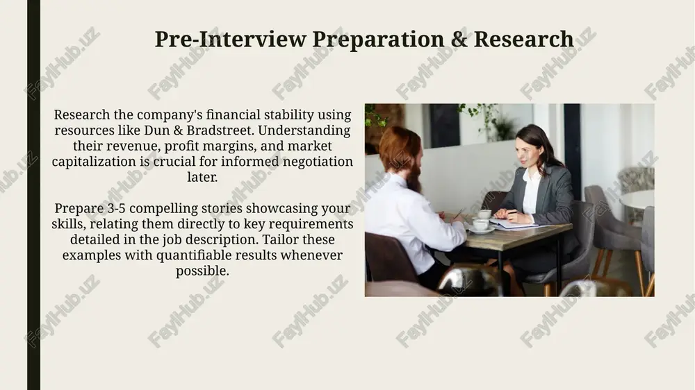 interview & following up effectively closing involves reiterating your interest, and confirming the next steps: "when can i expect to hear back regarding the timeline?" shows strong desire for the role. send a thank-you note within 24 hours post-interview; mentioning 2-3 key points discussed demonstrates genuine engagement, and reminds interviewers of your suitability. salary negotiation strategies & offer evaluation research industry benchmarks and your market value using sites like glassdoor and salary.com to determine your desired salary range before entering negotiations, boosting your confidence. evaluate the entire offer package, not just the base salary. consider benefits like health insurance, retirement plans (401k match), stock options, and paid time off when comparing offers. post-interview analysis & continuous improvement analyze your responses by rating each answer on a scale of 1 to 5, identifying areas needing improvement like better star method application or clearer communication. this allows for targeted practice. record the …