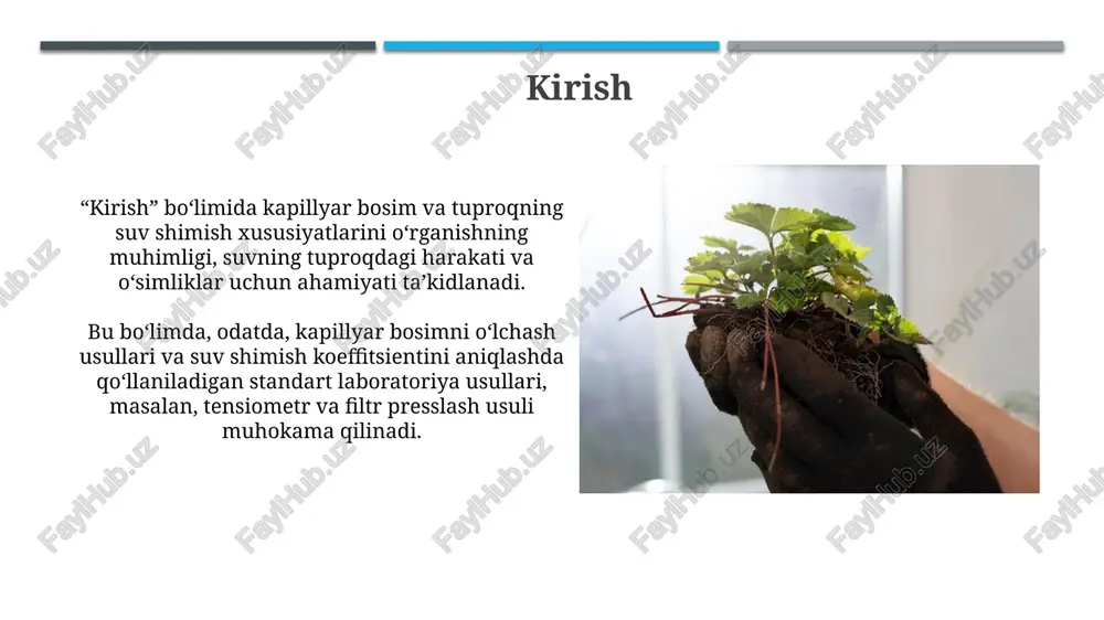 va tuproqlarning suv shimish xususiyatlarini o'rganish qishloq xo'jaligida 50% gacha suvni tejash imkonini beradi hamda ekinlar hosildorligini oshirishga yordam beradi. tuproqlarning suv shimish koeffitsienti (s) tahlili 0.1 dan 10 sm/soatgacha bo'lgan diapazonda bo'lib, bu agronomlarga sug'orish rejimlarini optimallashtirish va suv tanqisligini kamaytirishga yordam beradi. savol-javoblar "savol-javoblar" formati, odatda, testlarda yoki imtihonlarda 10 dan ortiq savolga qisqa va aniq javob berishni talab qiladi, bu bilimlarni sinash uchun juda samarali. tuproqning kapillyar bosimini aniqlash uchun "savol-javoblar" usuli, 5 dan 7 gacha bo'lgan muhim nazariy savollarni o'z ichiga oladi va baholashni tezlashtiradi. e'tiboringiz uchun rahmat image1.png image2.jpg image3.jpg image4.jpg image5.jpg image6.jpg image7.jpg image8.jpg image9.jpg image10.jpg image11.jpg image12.jpg