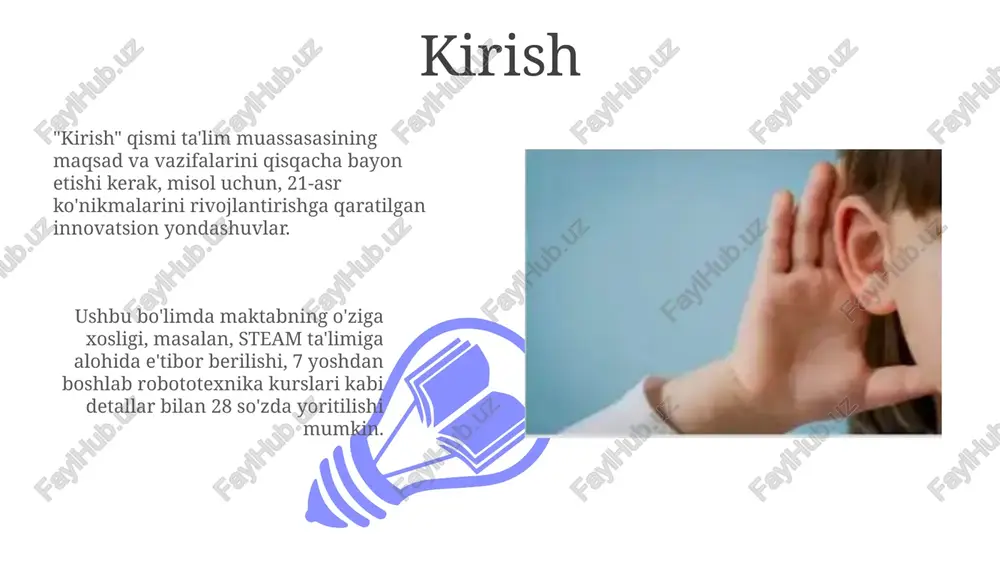 chun moslashtirilgan ta'lim usullarini qo'llaydi. bunda 15% gacha imkoniyati cheklangan bolalar umumiy sinflarda o'qishi mumkin. inkluziv ta'limda 'universal dizayn' tamoyili qo'llaniladi, ya'ni o'quv materiallari 8-10 xil usulda taqdim etiladi, bu esa barcha bolalarga tushunarli bo'lishini ta'minlaydi. baholash usullari 01 02 baho berishda kuzatuv usuli qo'llaniladi, bunda o'qituvchi bolaning xatti-harakatlari va bilimlarini muntazam ravishda kuzatib, 5 ballik shkala bo'yicha baholaydi. sales 1st qtr 2nd qtr 100 0 sales 1st qtr 2nd qtr 100 0 bolalar maktabida intizom bolalar maktabida intizom erta yoshdan boshlab, o'z-o'zini nazorat qilish ko'nikmalarini shakllantirishga qaratilgan bo'lishi kerak, bunda 6-7 yoshdagi o'quvchilar uchun xulq-atvor qoidalari tushunarli bo'lishi lozim. intizomiy choralar 10 yoshgacha bo'lgan bolalar uchun jismoniy jazo yoki psixologik bosimdan iborat bo'lmasligi lozim, balki xatti-harakatlarining oqibatlarini tushuntirish va 2-3 ta muqobil yechim taklif etish kerak. o'qituvchining roli o'qituvchi 21-asr ko'nikmalarini, masalan, tanqidiy fikrlash va muammolarni yechishni rivojlantirish uchun faol o'rganish va hamkorlikdagi loyihalarni boshqaradi. u bolalarning individual ehtiyojlarini …