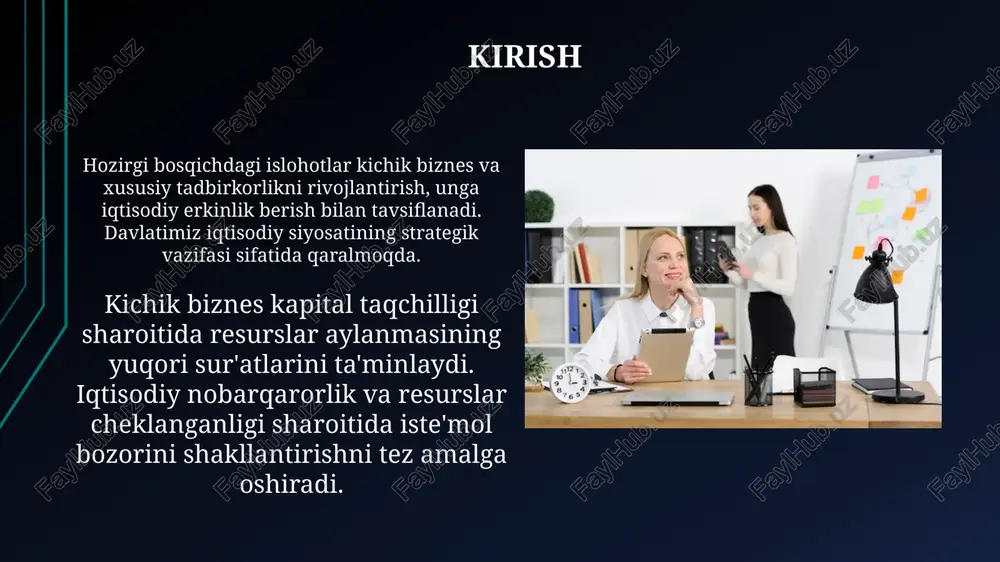 laridagi ulushi 10,0 %dan 19,6 %ga, yuk tashishda 24,6 %dan 40 foizga ko'paydi. ozbekistonda kichik biznes va tadbirkorlik faoliyatini rivojlantirish yonalishlari o'zbekistonda kichik biznesni moliyalashtirishda mikrokreditlardan foydalanishni rag'batlantirish, yiliga 3% stavkada 2000 barobar kam olinadigan imtiyozli mikrolizing xizmatlarini ko'paytirishga e'tibor beriladi. o'zbekistonda kichik korxonalar faoliyatiga xalal berayotgan ortiqcha ma'muriy to'siqlarni bartaraf etish va davlat organlarining aralashuvini kamaytirish 2011-yilgi ustuvor yo'nalishlarda muhim o'rin egallaydi. kichik biznesni rivojlantirishni davlat tomonidan qollab-quvvatlashning xorij tajribasi aqshda kichik biznes ishlari bo'yicha ma'muriyat (sba) mavjud boʻlib, shaxsiy ish ochishda yordam beradi, kichik biznesga kreditlar va kafolatlar berishga ixtisoslashgan hamda 4 ming xodimga ega. italiyada kichik firmalarga tadqiqot uchun katta mablag 'ajratiladi, angliyada esa kichik korxonalarni moliyalashtirishni ta’minlovchi maxsus firmalar bor, buning ustiga davlat qarzlarining 70% kafolatlanadi. kichik biznes va tadbirkorlik faoliyatining turlari va shakllari tadbirkorlik faoliyatini ishlab chiqarish, tijorat, moliyaviy va konsalting turlariga ajratish mumkin, ularning har biri esa bir qator kichik turlarga bo'linadi. ishlab chiqarish …