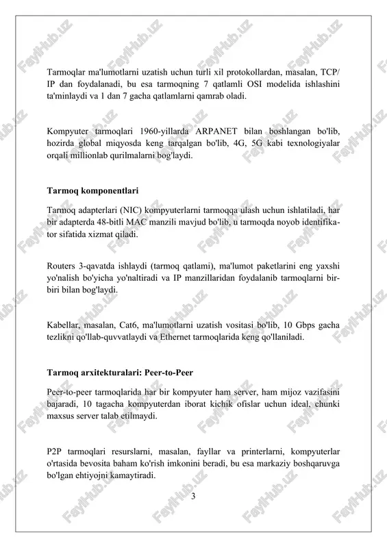 liniyalaridan foydalanadi, shu jumladan, ijaraga olingan liniyalar, sun'iy yo'ldosh aloqasi va 5g kabi simsiz texnologiyalar, ma'lumotlarni tezkor uzatish uchun. wan ning tipik tezligi 1,5 mbit/s dan bir necha gbit/s gacha bo'lishi mumkin, bu esa xarajatlar va texnologiyaga bog'liq bo'lib, katta hajmdagi ma'lumotlarni uzatish imkonini beradi. man (metropoliten tarmoq) man odatda 5 km dan 50 km gacha bo'lgan geografik hududni qamrab oladi, bu esa lanlardan kattaroq va wanlardan kichikroqdir, masalan, shahardagi biznes binolarini bog'lash. man odatda yuqori tezlikdagi aloqa liniyalaridan, masalan, optik tolali kabellardan foydalanadi, bunda ma'lumotlar uzatish tezligi 100 mbit/s dan 10 gbit/s gacha bo'lishi mumkin. ieee 802.6 standartiga muvofiq ishlab chiqilgan dqdb (distributed queue dual bus) texnologiyasi man tarmoqlarida ma'lumotlarni samarali uzatish uchun 34 mbit/s tezlikni ta'minlaydi. wlan (simsiz mahalliy tarmoq) wlan 802.11 standartlaridan foydalanadi, bu esa 2.4 ghz va 5 ghz chastotalar diapazonida ma'lumotlarni uzatishni ta'minlaydi hamda 1 dan 600+ mbit/s gacha tezlikni qo'llab-quvvatlaydi. wlan odatda uy, ofis …
