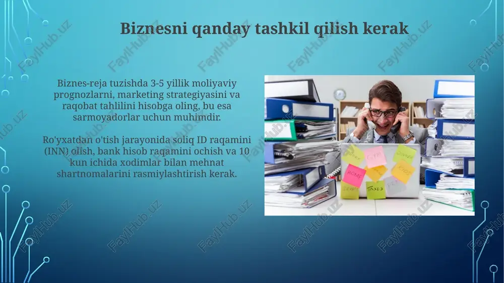 ali natijalarning 80 foiziga erishishga qaratilgan strategiyalarni o'z ichiga oladi. jarayonlarni standartlashtirish six sigma metodologiyasi bilan 99.99966% aniqlikka erishishga yordam beradi, xatolarni kamaytirish va mahsulot sifatini oshirish orqali. moliyaviy boshqaruv va buxgalteriya hisobi moliyaviy boshqaruv investitsiyalarni baholashda npv (sof hozirgi qiymat) va irr (ichki rentabellik darajasi) kabi usullarni qo'llab, resurslarni samarali taqsimlashni ta'minlaydi. buxgalteriya hisobi asosiy moliyaviy hisobotlar, jumladan, balans, daromad haqidagi hisobot va pul oqimi hisobotini tayyorlash orqali kompaniyaning moliyaviy holatini aks ettiradi. xavfni boshqarish xavfni boshqarish korxona resurslarini himoya qilish uchun moliyaviy yo'qotish ehtimolini baholash va kamaytirishga qaratilgan strategik jarayon hisoblanadi. biznesdagi xavfni boshqarish operatsion, moliyaviy va strategik xavflarni aniqlash, tahlil qilish va nazorat qilishni o'z ichiga oladi, bu muvaffaqiyat garovidir. texnologiyalarni joriy etish texnologiyalarni joriy etish roi (investitsiyalarning qaytarilishi) ni 15-20% ga oshirishi mumkin, bu esa operatsion xarajatlarni kamaytiradi va samaradorlikni oshiradi. erp (korxona resurslarini rejalashtirish) tizimlarini joriy etish biznes jarayonlarini 30% ga avtomatlashtirib, xatolarni kamaytiradi va …