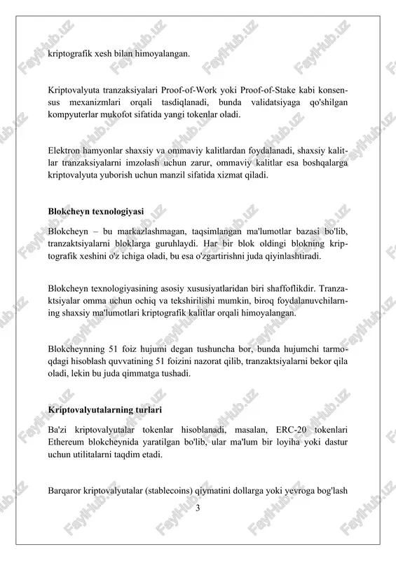kin, bu esa sezilarli yo'qotishlarga olib kelishi mumkin. kriptovalyuta bozori tartibga solinmaganligi sababli, firibgarlik, manipulyatsiya va xavfsizlik buzilishlari xavfi mavjud bo'lib, investitsiyalarni yo'qotish ehtimolini oshiradi. kriptovalyutalar blokcheyn texnologiyasiga asoslangan bo'lsa-da, texnologiya yangi va tushunish qiyin, bu esa texnik xatoliklar yoki xavfsizlik zaifliklari tufayli yo'qotish xavfini tug'diradi. kriptovalyuta regulyatsiyasi kriptovalyuta regulyatsiyasi turli mamlakatlarda farq qiladi, ba’zilari kriptoni qonuniylashtirgan, boshqalari esa cheklagan yoki taqiqlagan, bu esa soliqqa tortish qoidalariga ta'sir qiladi. ba'zi davlatlar kriptovalyutalarni moliyaviy aktivlar deb hisoblaydi va ularni aml/kyc qoidalariga bo'ysundiradi, bu esa 10000 aqsh dollari yoki undan ortiq tranzaktsiyalar haqida xabar berishni talab qiladi. regulyatorlar kriptovalyuta birjalarini litsenziyalash va nazorat qilish orqali investorlarni himoya qilishga harakat qilmoqdalar, bu esa firibgarlikning oldini olishda va mablag'larning xavfsizligini ta'minlashda muhim rol o'ynaydi. kriptovalyuta va soliqlar kriptovalyuta operatsiyalari o'zbekistonda daromad solig'iga tortilishi mumkin, agar shaxs ushbu operatsiyalardan daromad olsa, soliq stavkasi 12 foizni tashkil qiladi. kriptovalyutalarni sotish yoki ayirboshlash natijasida olingan foyda soliq …