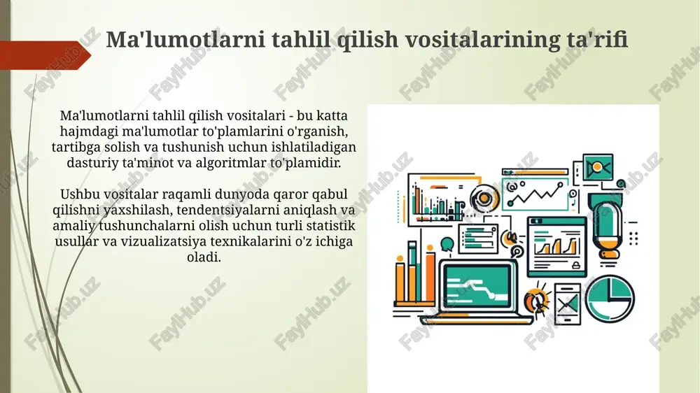 % aniqlik bilan aniqlash mumkin. samaradorlikni baholash samaradorlikni baholashda ma'lumotlarni qayta ishlash tezligi (masalan, sekundiga 1000 ta yozuv) muhim. bu benchmark testlari orqali o'lchanadi va real vaziyatlarda simulyatsiya qilinadi. ma'lumotlar tahlili vositasining aniqligi (99,9% aniqlik) natijalarning ishonchliligini belgilaydi. aniqsizlik darajasi va xatolik ko'rsatkichlari statistik usullar orqali tahlil qilinadi. o'qitish resurslari coursera va edx kabi onlayn platformalar turli xil darajadagi 100 dan ortiq kurslarni taklif etadi, ular r, python va sql kabi vositalar bilan ma'lumotlarni tahlil qilishni o'rgatadi. qo'llanmalar, darsliklar va api hujjatlari kabi bepul resurslar turli xil ma'lumotlarni tahlil qilish dasturlari uchun mavjud bo'lib, o'quvchilarga dasturlash tillarini o'rganishga yordam beradi. xulosa ma’lumotlarni tahlil qilish vositalari 90% holatda kompaniyalarga strategik qarorlar qabul qilishda yordam beradi, lekin noto’g’ri talqin natijasida xatolar bo’lishi mumkin. dasturiy ta’minotni tanlashda 75% hollarda qulay interfeys va 80% hollarda ma’lumotlar xavfsizligi muhim, chunki bu samaradorlikka bevosita ta’sir qiladi. e'tiboringiz uchun rahmat image1.png image2.jpg image3.jpg image4.jpg image5.jpg image6.jpg image7.jpg …