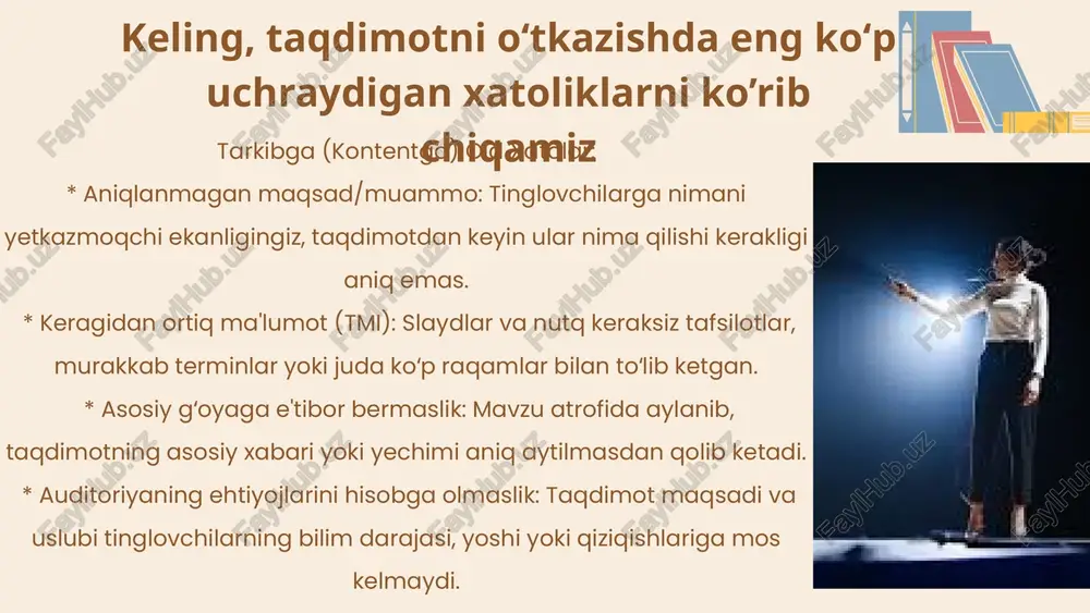 ʻllab-quvvatlaydimi? ​amaliy yechim: har bir slaydda asosiy xabarni eslatuvchi bitta muhim kalit soʻz yoki jumlani saqlash. 🎨 dizayn xatolariga yechim * minimalizm: slaydlarni boʻsh qoldiring. bir slaydda faqat bitta asosiy gʻoya boʻlsin. * visual dominantlik: matn oʻrniga yuqori sifatli tasvirlar, aniq grafiklar va piktogrammalardan foydalaning. grafiklarni soddalashtiring. * kontrastga e'tibor: matn rangi fon rangiga nisbatan yuqori kontrastda boʻlishi kerak (masalan: oq fonda qora matn). shriftni oson oʻqiladigan (arial, helvetica kabi) qilib tanlang. 👥 auditoriya bilan aloqadagi xatolarga yechim * savol-javob ssessiyasi: taqdimot oxirida aniq vaqt ajrating. agar vaqt qisqa boʻlsa, savollarni ma'lum bir qismdan soʻng olishni taklif qiling. * interaktivlikni kiritish: taqdimotni savol bilan boshlang ("kimda... bor?"), kichik soʻrovlar (polls) oʻtkazing yoki tinglovchilardan misollar keltirishni soʻrang. * ochiqlik va halollik: savolga javobni bilmasangiz, shunchaki "bu ma'lumotni hozir bilmayman, lekin albatta sizga keyinroq yuboraman" deb halol aytish maqsadga muvofiqdir. bu yondashuvlar taqdimotning barcha jabhalarini qamrab oladi va sizga yanada ishonchli, mazmunli …