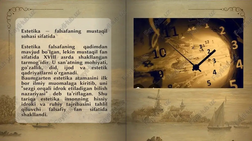 mahsuli bo‘lib, u moddiy shaklda (matn, tasvir, tovush, harakat) ifodalanadi. 3. estetik idrok — tomoshabinning, tinglovchining yoki o‘quvchining san’at bilan ruhiy aloqa jarayoni. 4. go‘zallik va xunuklik dialektikasi — estetikaning markaziy kategoriyasi bo‘lib, dunyoni badiiy idrok etishning ziddiyatli mohiyatini ko‘rsatadi. 5. san’at va jamiyat — san’atning ijtimoiy mohiyati, axloqiy va ma’naviy qadriyatlarni shakllantirishdagi o‘rni. estetika va san’at o‘rtasidagi farq estetika — nazariy fan, san’at esa — amaliy ijodiy faoliyat. ammo ular o‘zaro uzviy bog‘liq: san’at estetika uchun asosiy tajriba maydoni bo‘lsa, estetika san’atni tahlil qilish vositasidir. masalan: • musiqa yoki rasm asari estetika fanida go‘zallikning bir shakli sifatida tahlil qilinadi. • estetika bu asar qanday tuyg‘u uyg‘otishini, qanday g‘oyani ifodalashini va nima uchun “go‘zal” yoki “yuksak” deb baholanishini izohlaydi. estetik qadriyatlartizimi estetik qadriyatlar insonning dunyoni hissiy-ruhiy qabul qilish darajasini belgilaydi. ular uch darajada shakllanadi: 1. individal (shaxsiy) — shaxsning didi, estetik sezgirligi, ichki dunyosi. 2. madaniy — xalqning urf-odati, milliy …