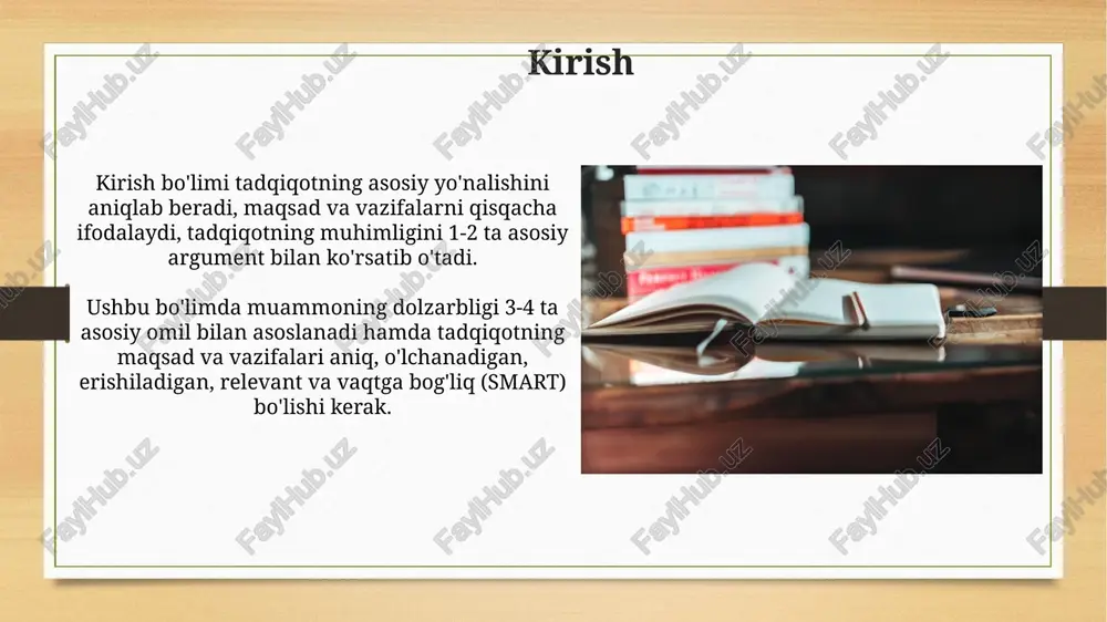 day qilib maqsadga erishish uchun ishlatilishi va 4-bobda natijalarga qanday ta'sir ko'rsatishi ta'kidlanadi. tadqiqot vazifalari tadqiqot vazifalari - bu tadqiqot maqsadiga erishish uchun bajarilishi kerak bo'lgan 3-5 ta aniq, o'lchanadigan, erishish mumkin bo'lgan, dolzarb va vaqt bilan cheklangan (smart) qadamlardir. har bir tadqiqot vazifasi, odatda, tadqiqotning asosiy savollariga javob berish uchun zarur bo'lgan empirik ma'lumotlarni yig'ish va tahlil qilishning 2-3 ta asosiy usullarini aniqlab beradi. tadqiqot obyekti va predmeti tadqiqot obyekti - bu tadqiqotchi o'rganayotgan kengroq soha yoki hodisa (masalan, talabalarning darsga qatnashish darajasi). bu 1000 talabadan iborat universitet bo'lishi mumkin. tadqiqot predmeti esa obyektdan torroq bo'lib, aynan o'rganilayotgan jihatni anglatadi (masalan, talabalarning darsga qatnashishiga ta'sir etuvchi 5 ta omil). bu 2-kurs talabalari o'rtasida bo'lishi mumkin. tadqiqotning ilmiy yangiligi tadqiqotning ilmiy yangiligi mavjud muammoga yangicha yondashuv orqali aniq bir yechim taklif etadi, bunda ilgari qo'llanilmagan 3 ta parametr o'rganiladi. mazkur tadqiqotning yangiligi o'rganilayotgan ob'ektning 5 xil jihatini ochib beradi, shu …