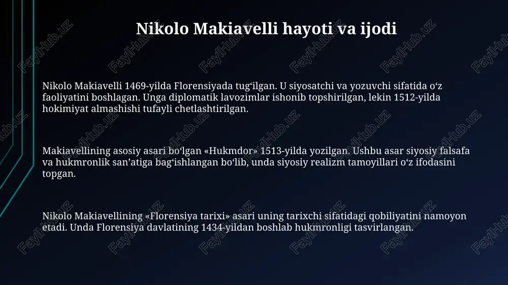 siyosiy realizmning asosiy namunasi boʻlib, unda axloqiy tamoyillardan koʻra 21-asr liderlari uchun amaliy maqsadga yoʻnaltirilgan strategiyalar ustunligi ta'kidlanadi. asarda hokimiyatni saqlab qolishning turli usullari, shu jumladan 5-moddada kuch ishlatish va aldashning oqlanishi xxi asr siyosatchilari tomonidan qoʻllanilishi zamonaviy talqinning asosi hisoblanadi. «hukmdor» asarida siyosiy opportunizm va pragmatizm 14-bobda davlatni boshqarishning eng muhim omili sifatida koʻrsatilgani zamonaviy dunyoda korrupsiyaga qarshi kurashda dolzarb ahamiyatga ega. e'tiboringiz uchun rahmat image1.png