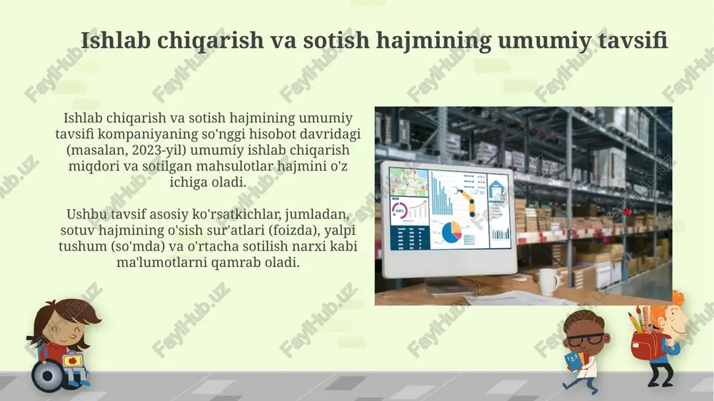 va sof foyda marjasini hisoblashni o'z ichiga oladi, bu esa kompaniyaning daromad keltirish qobiliyatini baholaydi. raqobatchilar tahlili raqobatchilarning bozor ulushini baholash orqali ularning nisbiy hajmini aniqlash muhim, masalan, 3 ta eng yirik o'yinchi umumiy sotuvning 70% ini nazorat qiladimi? bu konsentratsiyani ko'rsatadi. raqobatchilarning narx siyosati va marketing strategiyalari 10% dan 15% gacha narxlash farqi yoki agressiv reklama kampaniyalari kabi sotishga qanday ta'sir qilishini tahlil qilish zarur. talab va taklif balansi talab va taklif balansi bozor holatini aks ettiradi, bunda 1000 dona mahsulotga talab 800 donani tashkil etsa, 200 dona ortiqcha taklifni ko'rsatadi va narxni pasaytirishga olib kelishi mumkin. iste'molchilarning xarid qobiliyati o'sishi talabni 15% ga oshirishi mumkin, taklif esa o'zgarmasa, mahsulot narxi 10% ga ko'tariladi, bu muvozanat buzilishining misolidir. muammolar va ularni hal etish yo'llari ishlab chiqarishdagi muammolar: uskunaning 15% ga eskirishi sababli unumdorlik pasaygan. yechim: 3 yillik modernizatsiya rejasi va joriy ta'mirlash ishlarini kuchaytirish. sotishdagi muammolar: sotuvlar hajmi rejalashtirilgan …