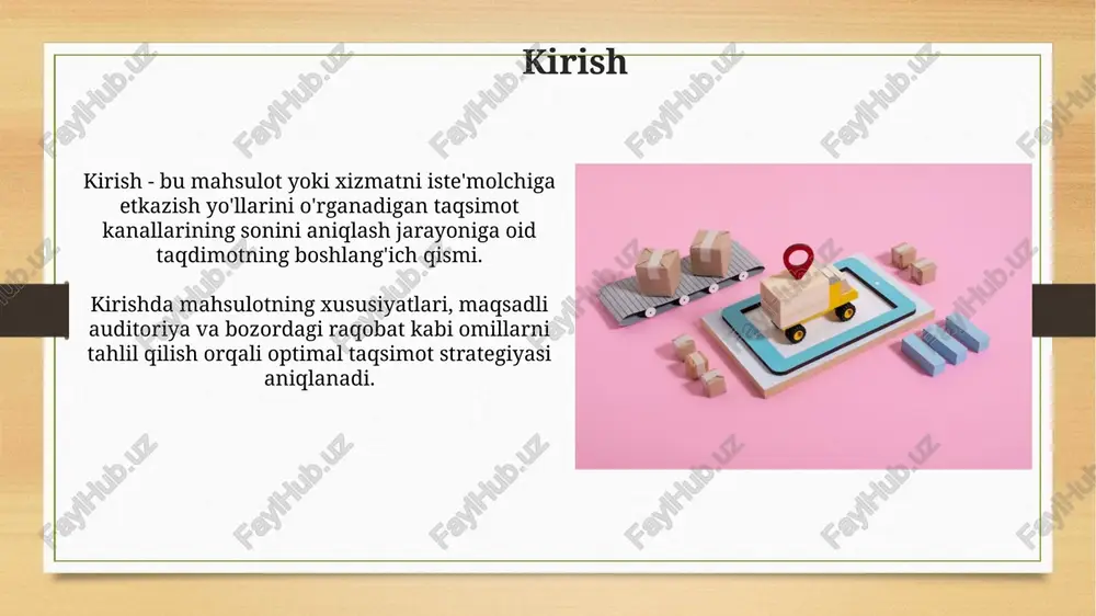 hi bilan o'lchanadi. distributorlik kanalini tanlash jarayoni kanal tanlashda bozorni segmentlash muhim, chunki har bir segmentga mos keladigan eng maqbul distribyutorlik kanalini aniqlash kerak, masalan, premium mahsulot uchun eksklyuziv kanal. mahsulotning xususiyatlari, masalan, tez buziladigan mahsulotlar uchun to'g'ridan-to'g'ri kanal optimal bo'lishi mumkin, va bu kanalning umumiy xarajatlarini kamaytirishga yordam beradi. xulosa xulosa bo'limi kompaniyaning maqsadli auditoriyasi va ularning xarid qilish odatlari kabi 3-omillarga asoslangan optimal kanal sonini ta'kidlaydi. xulosa distribyutorlar sonining 5-turi bo'yicha o'zgarishlar sababli xarajatlar, qamrov va nazorat nuqtai nazaridan muhim oqibatlarga olib kelishini tushuntiradi. e'tiboringiz uchun rahmat image7.jpg image8.jpg image9.jpg image10.jpg image11.jpg image12.jpg image13.jpg image14.jpg image15.jpg image16.jpg image17.jpg image18.jpg image3.png image4.png