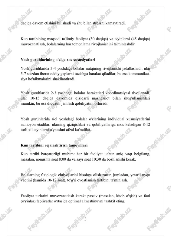 yinlarni tashkil qilishlari va bolalarga tanlash imkoniyatini berishlari zarur. o'yinlar bolalarning jismoniy, aqliy va hissiy rivojlanishiga yordam berishi lozim. har bir o'yinning davomiyligi 15-25 daqiqadan oshmasligi tavsiya etiladi. ochiq havoda sayr qilish vaqtini rejalashtirish sayr qilish vaqtini rejalashtirishda, 3-4 yoshli bolalar uchun kamida 1.5-2 soat, 5-6 yoshli bolalar uchun esa 2-2.5 soat ajratish maqsadga muvofiqdir. ochiq havoda sayr qilish vaqtida, har xil turdagi faoliyatlarni rejalashtiring, masalan, 30-40 daqiqa davomida harakatli o'yinlar va 20 daqiqalik kuzatuv mashg'ulotlari. sayr qilish vaqtida bolalarning xavfsizligini ta'minlash uchun, 1:10 nisbatda, ya'ni har bir tarbiyachiga 10 nafar boladan ortiq bo'lmagan guruhni nazorat qilish kerak. ovqatlanish vaqtini tashkil etish ovqatlanish vaqtida 15-20 daqiqa davomida bolalarga mustaqil ovqatlanish ko'nikmalarini shakllantirish, tozalik va tartib qoidalariga rioya qilish muhim. har bir bola uchun individual ovqatlanish jadvali tuzish, ularning sog'lig'i va ehtiyojlariga mos keladigan ovqatlar bilan ta'minlash kerak. kamida 3 ta asosiy ovqat bo'lishi lozim. ovqatlanish jarayonida tarbiyachi 5-10 daqiqa davomida …