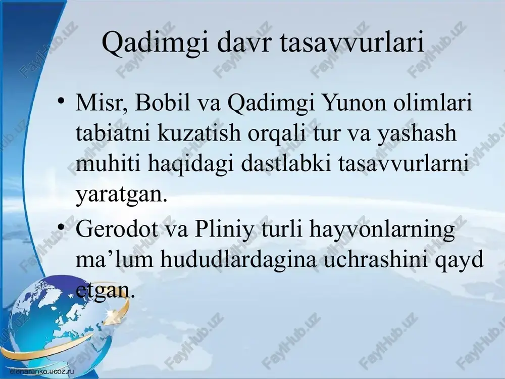 ib kelmoqda. o‘rmonlarning kesilishi, iqlim o‘zgarishi, cho‘llanish jarayonlari tezlashmoqda. zamonaviy biogeografiya gis, gps va masofadan zondlash texnologiyalari turlar tarqalishini aniq xaritalash imkonini berdi. matematik modellar orqali populyatsiya dinamikasi o‘rganilmoqda. biogeografiyaning amaliy ahamiyati tabiatni muhofaza qilish strategiyalarini ishlab chiqishda asosiy fanlardan biri. qizil kitob, qo‘riqxona va milliy bog‘lar tashkil etishda biogeografik ma’lumotlar muhim. image2.png image3.jpeg image4.jpeg image5.jpeg image6.jpeg image7.jpeg image8.jpeg image9.png image10.jpeg image11.jpeg image12.png image13.png image14.jpeg image15.jpeg image1.jpg /docprops/thumbnail.jpeg