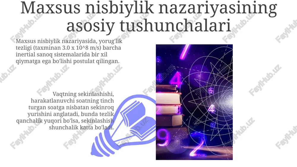 ismning tezligi yorug'lik tezligiga yaqinlashganda, uning relativistik impulsi cheksizlikka intiladi. bu jismni tezlashtirish uchun cheksiz ko'p energiya kerakligini anglatadi. relativistik kinetik energiya relativistik kinetik energiya klassik kinetik energiyadan farq qiladi, chunki u massaning tezlik bilan ortishini hisobga oladi, ayniqsa tezlik yorug'lik tezligiga yaqinlashganda sezilarli bo'ladi. relativistik kinetik energiya (k) formulasiga ko'ra, k = (γ - 1)mc², bu yerda γ lorentz faktori, m turg'un massa va c yorug'lik tezligi bo'lib, energiya ortishini aniqlaydi. massasiz zarrachalar 01 02 massasiz zarralar, masalan fotonlar, tinchlikdagi massaga ega emas, shuning uchun ularning energiya (e) va impuls (p) o'rtasidagi bog'lanishi e=pc tenglama orqali ifodalanadi, bunda c yorug'lik tezligi. sales 1st qtr 2nd qtr 100 0 sales 1st qtr 2nd qtr 100 0 doppler effekti (relativistik) relativistik doppler effektida kuzatuvchi va manba orasidagi nisbiy harakat tufayli chastota oʻzgaradi, bu klassik hisoblashdan farq qilib, vaqt sekinlashishi omilini oʻz ichiga oladi. ko'ndalang doppler effekti klassik to'lqinlarda uchramaydi, faqat relativistik …