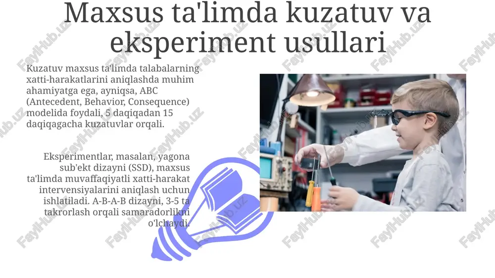 ash bo'yicha amaliy misollar maxsus ta’limda kuzatuv orqali o’quvchining xatti-harakatlarini 30 daqiqa davomida qayd etish, keyin esa ma’lumotlarni tahlil qilish. tajriba davomida, masalan, o'quvchiga 5 ta rangli kartochka beriladi, ularni 10 daqiqa ichida saralash va natijalar baholanadi. maxsus ta'limda kuzatuv va eksperiment natijalarini baholash kuzatuv ma'lumotlari baholashida, inter-rater reliability (iri) koeffitsientini hisoblash, masalan, cohen's kappa, ikki kuzatuvchi o'rtasidagi kelishuv darajasini aniqlaydi. eksperiment natijalarida effekt o'lchamlarini (masalan, cohen's d = 0.8) baholash amaliy ahamiyatni ko'rsatadi, statistik ahamiyat (p<0.05) esa tasodifiylik ehtimolini baholaydi. xulosa va kelajakdagi yo'nalishlar 01 02 maxsus ta'limda kuzatuv va eksperimentlarning kognitiv rivojlanishga ta'sirini baholash uchun longitud tadqiqotlar o'tkazish kelajakda muhim ahamiyatga ega. sales 1st qtr 2nd qtr 100 0 sales 1st qtr 2nd qtr 100 0 e'tiboringiz uchun rahmat image4.jpg image5.jpg image6.jpg image7.jpg image8.jpg image9.jpg image10.jpg image11.jpg image12.jpg image13.jpg image14.jpg image15.jpg image1.jpeg image2.jpeg image3.jpeg