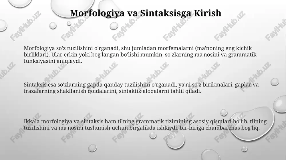 iyani sintaksisning bir qismi deb hisoblab, morfemalarni sintaktik tuzilmalarda joylashtirilgan oddiy elementlar sifatida ko'rib chiqadi, 1-morfema, 2-morfema. morfologiya va sintaksisning amaliy qo'llanilishi morfologik va sintaktik tahlil mashina tarjimasida muhim rol o'ynaydi, manba tilidagi so'z shakllari va gap tuzilmalarini tushunish orqali 95% aniqlikka erishiladi. nutqni aniqlash tizimlari morfologiyadan foydalanib, so'z o'zaklarini aniqlaydi va so'zlarning 80% dan ortig'ini to'g'ri aniqlash uchun ularning variantlarini kamaytiradi. axborotni qidirishda morfologik tahlil so'zlarning 75% dan ortiq turli xil shakllarini aniqlash orqali qidiruv natijalarining aniqligini yaxshilaydi va natijalarni 30% ga oshiradi. e'tiboringiz uchun rahmat image1.png image2.png