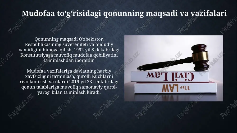 uchun javobgarlik mudofaa qonunchiligini buzgan shaxslar o'zbekiston respublikasining ma'muriy javobgarlik to'g'risidagi kodeksining 201-moddasiga asosan javobgar bo'ladilar va jarimaga tortilishi mumkin. mudofaa buyurtmasini bajarishdan bosh tortgan yoki uni lozim darajada bajarmagan yuridik shaxslarga nisbatan ma'muriy javobgarlik to'g'risidagi kodeksning 227-moddasiga binoan choralar ko'riladi. qonunning kuchga kirishi qonun, o'zbekiston respublikasining amaldagi qonunchilik hujjatlariga muvofiq rasmiy e'lon qilingan kundan boshlab o'z kuchiga kiradi va uning qoidalari to'liq ijro etilishi ta'minlanadi. mazkur qonunning kuchga kirishi bilan, avvalgi mudofaa to'g'risidagi qonun va unga zid bo'lgan barcha normativ-huquqiy hujjatlar o'z kuchini yo'qotadi, yangi qonunchilik ustuvor bo'ladi. e'tiboringiz uchun rahmat image2.jpg image3.jpg image4.jpg image5.jpg image6.jpg image7.jpg image8.jpg image9.jpg image10.jpg image11.jpg image12.jpg