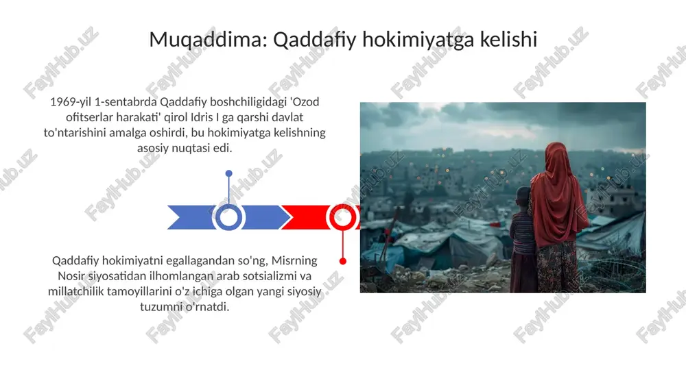 etildi, bu esa 1977-yildan boshlab hokimiyatni xalqqa topshirishga urinish bo'lib, siyosiy hayotni tubdan o'zgartirdi. 1969-yil inqilobidan so'ng, gaddafi hukumati arab millatchiligini targ'ib qildi va islomiy qadriyatlarni singdirishga harakat qildi, shu bilan birga "uchinchi butunjahon nazariyasi"ni taqdim etdi. qaddafiyga qarshi muxolifat muammar qaddafiyga qarshi muxolifat 1970-yillardan boshlab surgundagi siyosatchilar va talabalar tomonidan tashkil etilgan "milliy front" kabi tashkilotlar orqali faollashdi. 1980-yillarda liviyada qaddafiy rejimiga qarshi "liviya islomiy jangovar guruhi" kabi islomiy yoʻnalishdagi muxolifat kuchaydi, bu guruh 1995-yilda tashkil topgan. libiyadagi fuqarolar urushi (2011) 2011-yil fevral oyida boshlangan fuqarolar urushi muammar qaddafiyning 42 yillik hukmronligiga qarshi noroziliklar va ko'tarilishlar to'lqini bilan boshlandi. natoning aralashuvi 2011-yil mart oyida bmt xavfsizlik kengashining 1973-sonli rezolyutsiyasiga muvofiq qaddafiy kuchlariga qarshi havo hujumlarini o'z ichiga oldi. natoning aralashuvi nato kuchlari 26,000 dan ortiq havo hujumini amalga oshirdi, shu jumladan, liviya armiyasi ob'ektlari va hukumat infratuzilmasiga qarshi qaratilgan hujumlar bilan gaddafining harbiy qudratini susaytirdi. natoning aralashuvi 2011-yil mart …
